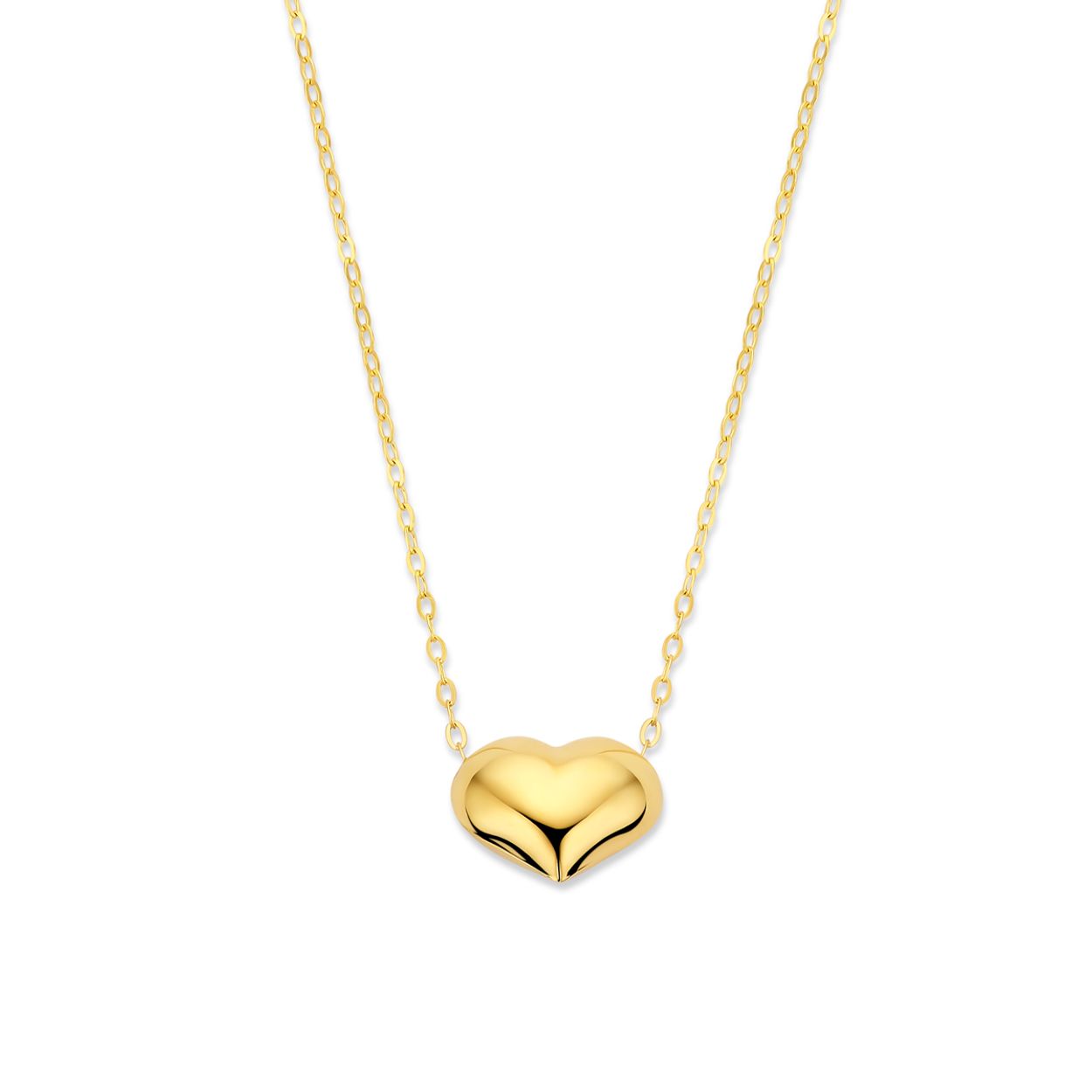 14k Geelgouden collier uitgevoerd met een hartje. Het collier heeft draaglengtes van 42-45cm en een schakelbreedte van 1.1mm.