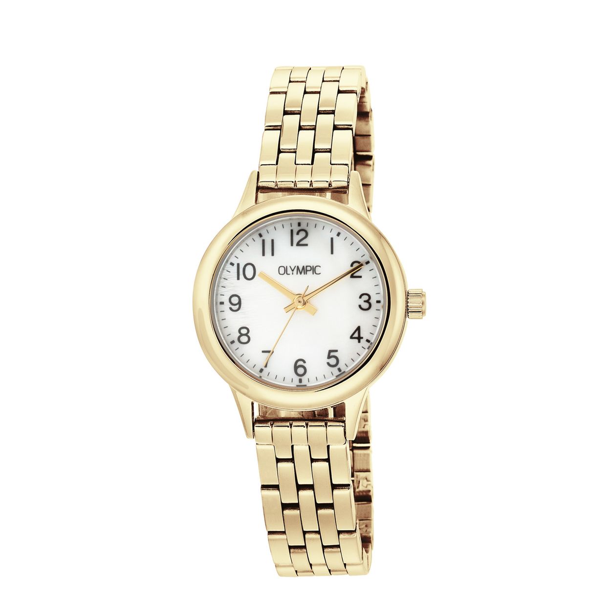 Dit unieke Olympic horloge met artikelnummer: OL80DDD001 is een dameshorloge met een chique uitstraling. Het horloge heeft een ronde goudkleurige stalen kast met een parelmoer wijzerplaat met cijfers. Aan de kast zit een stalen fijne goudkleurige schakelband met vouwsluiting. Het horloge heeft een mineraalglas, een doorsnee van 28mm en is 5ATM.


