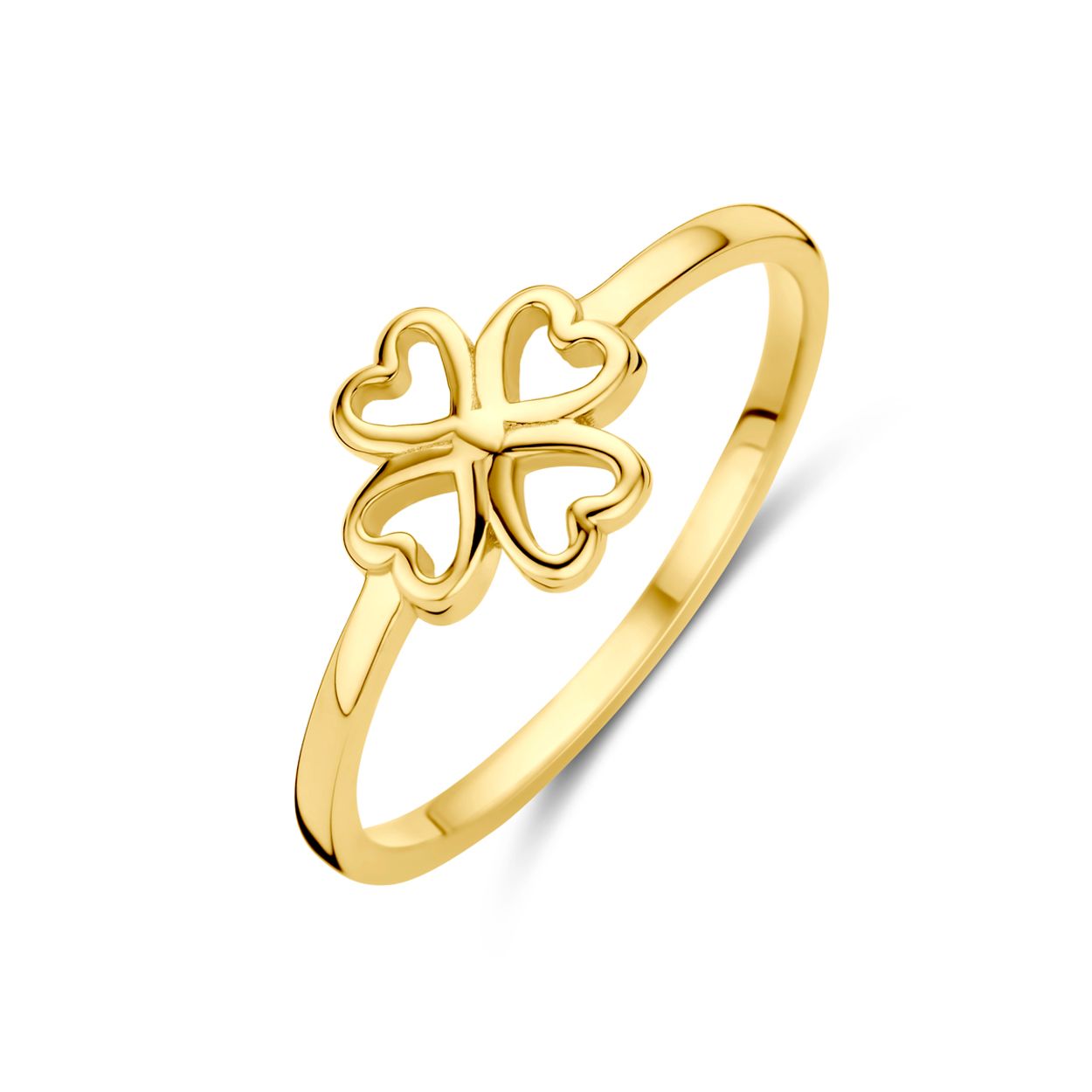 14k Geelgouden ring uitgevoerd met een klavertje. De ring heeft een breedte van 8mm.
