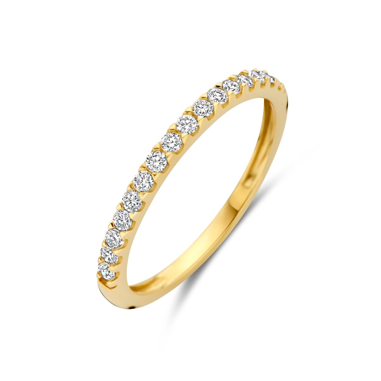 14k Geelgouden geelgouden ring uitgevoerd met lab grown diamant. De ring heeft een breedte van 2mm.