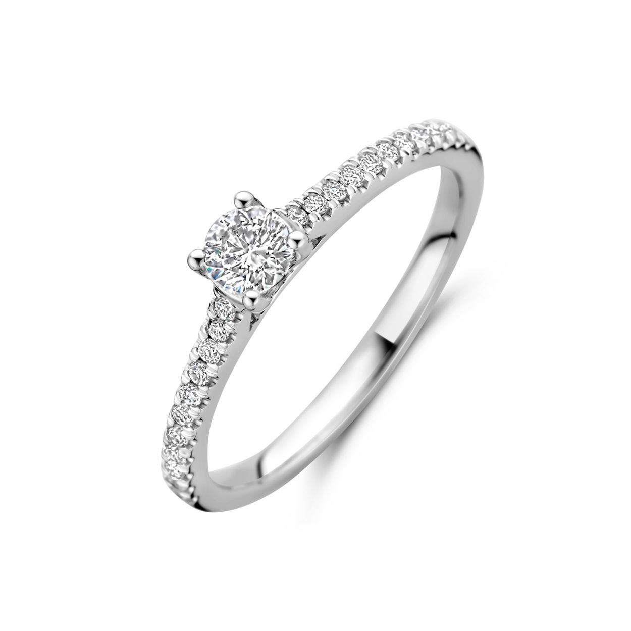 14k Witgouden ring uitgevoerd met lab grown diamant. De ring heeft een breedte van 4mm. Het totale diamantgewicht is 0.39ct.