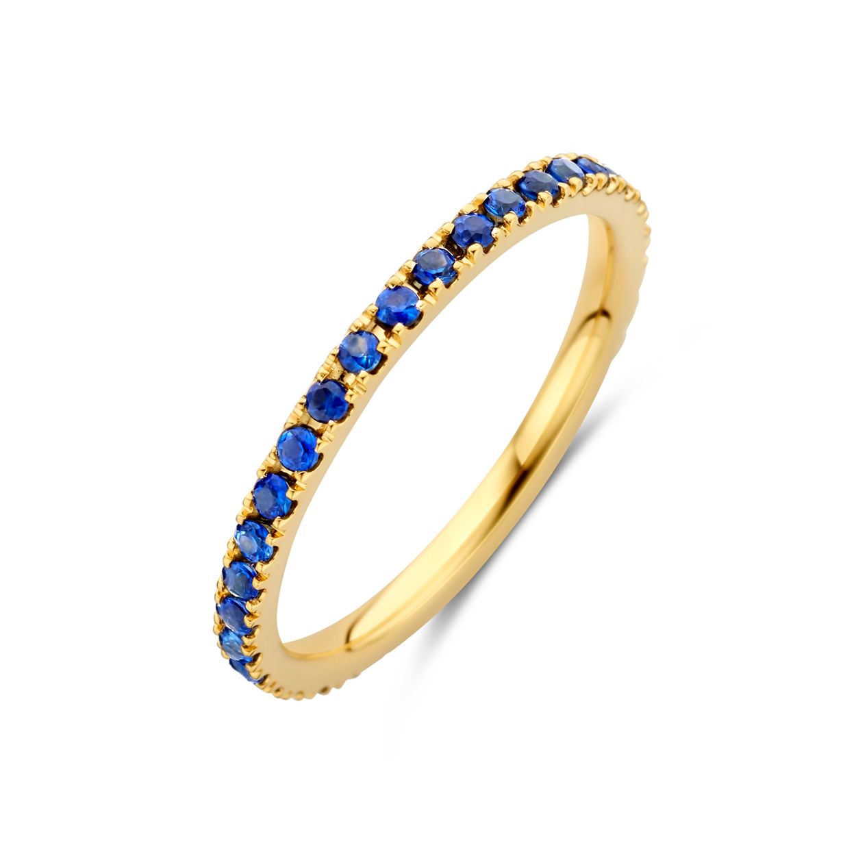 14k Geelgouden ring uitgevoerd met saffier. De ring heeft een breedte van 2mm.