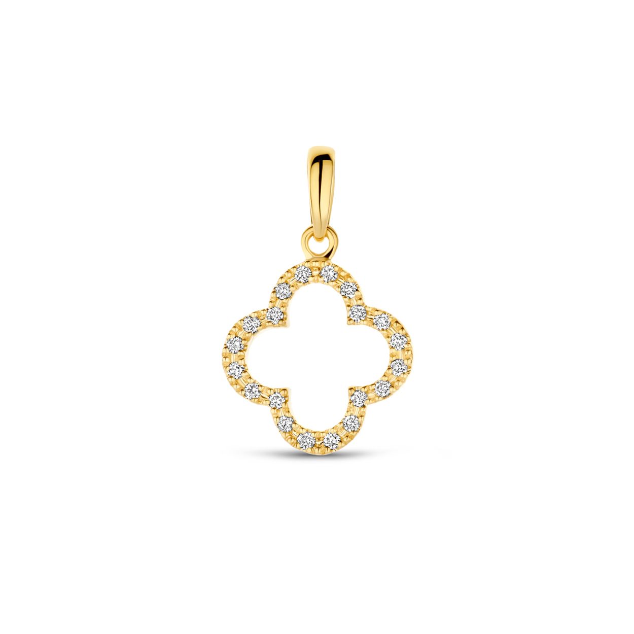 14k Geelgouden hanger uitgevoerd in de vorm van een klavertje. De hanger heeft een totale hoogte van 17mm. De totale diamantgewicht.