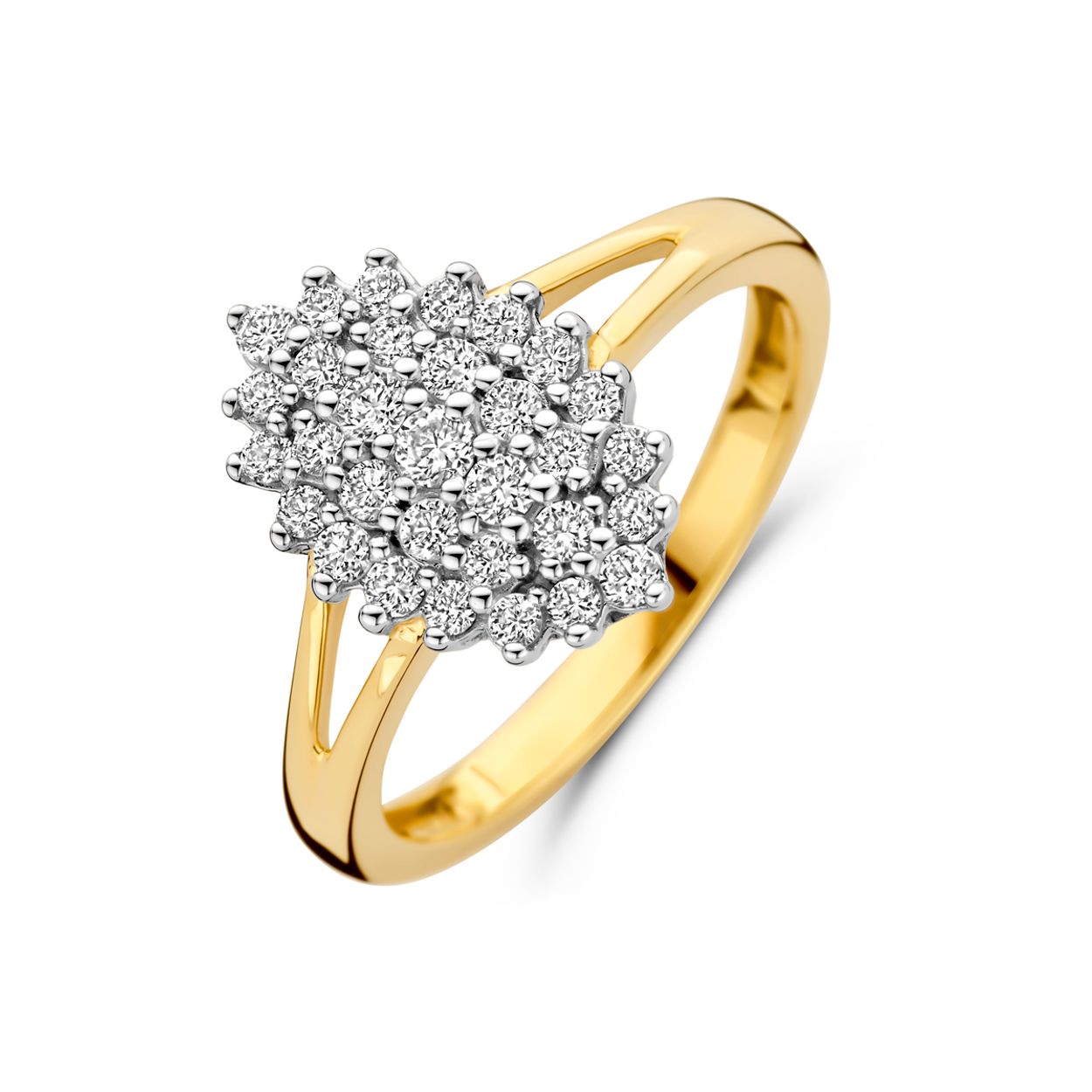 14k Geelgouden ring uitgevoerd met lab grown diamanten. De ring heeft een afmeting van 14x9.5mm. Het totale diamantgewicht is 0.48ct.