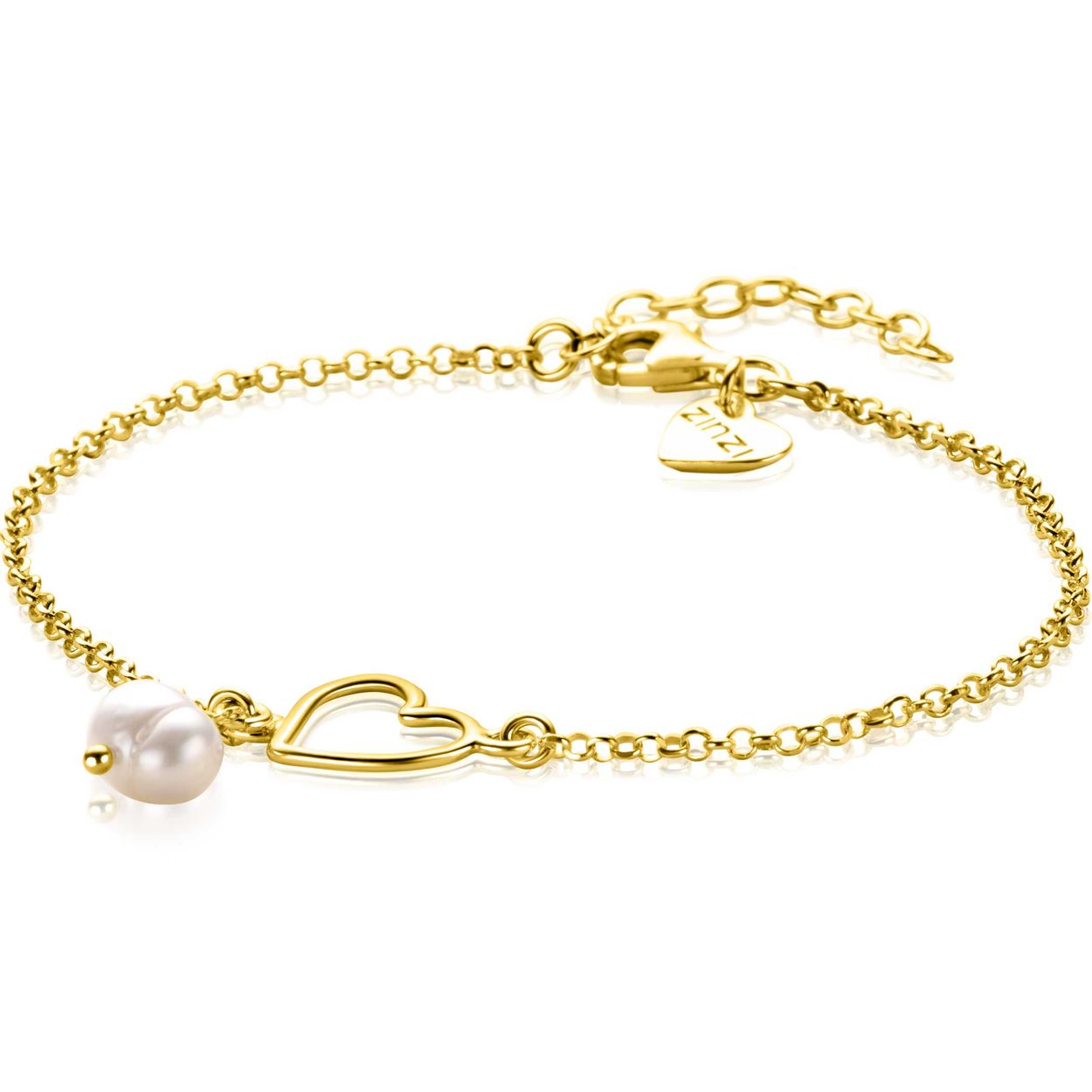 ZINZI gold plated zilveren armband met open hartje en bungelend witte zoetwaterparel in organische vorm. De lengte van de ketting is te variëren tussen 16-19cm. Vervaardigd van eerste gehalte zilver (925) en extra geel verguld.