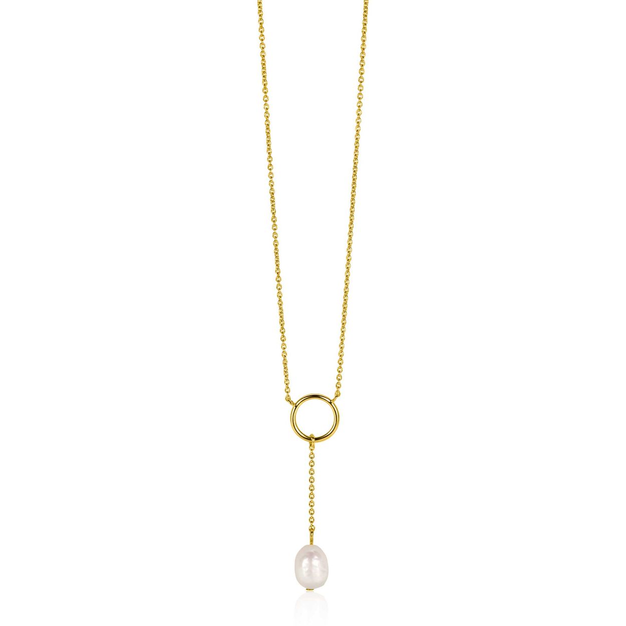 ZINZI gold plated zilveren Y-ketting met open rondje en bungelend witte zoetwaterparel in organische vorm 42-45cm ZIC2615
