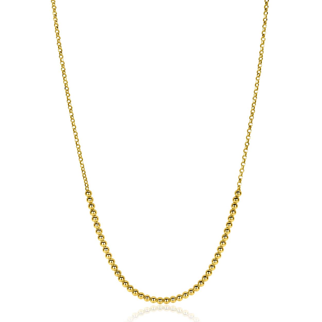 ZINZI zilveren goldplated jasseron ketting met mooie bolletjes schakels in het midden. De bolletjes zijn 2,5mm breed. De lengte van de ketting is te variëren tussen 40cm en 45cm. Vervaardigd van eerste gehalte zilver met een goldplated plating.