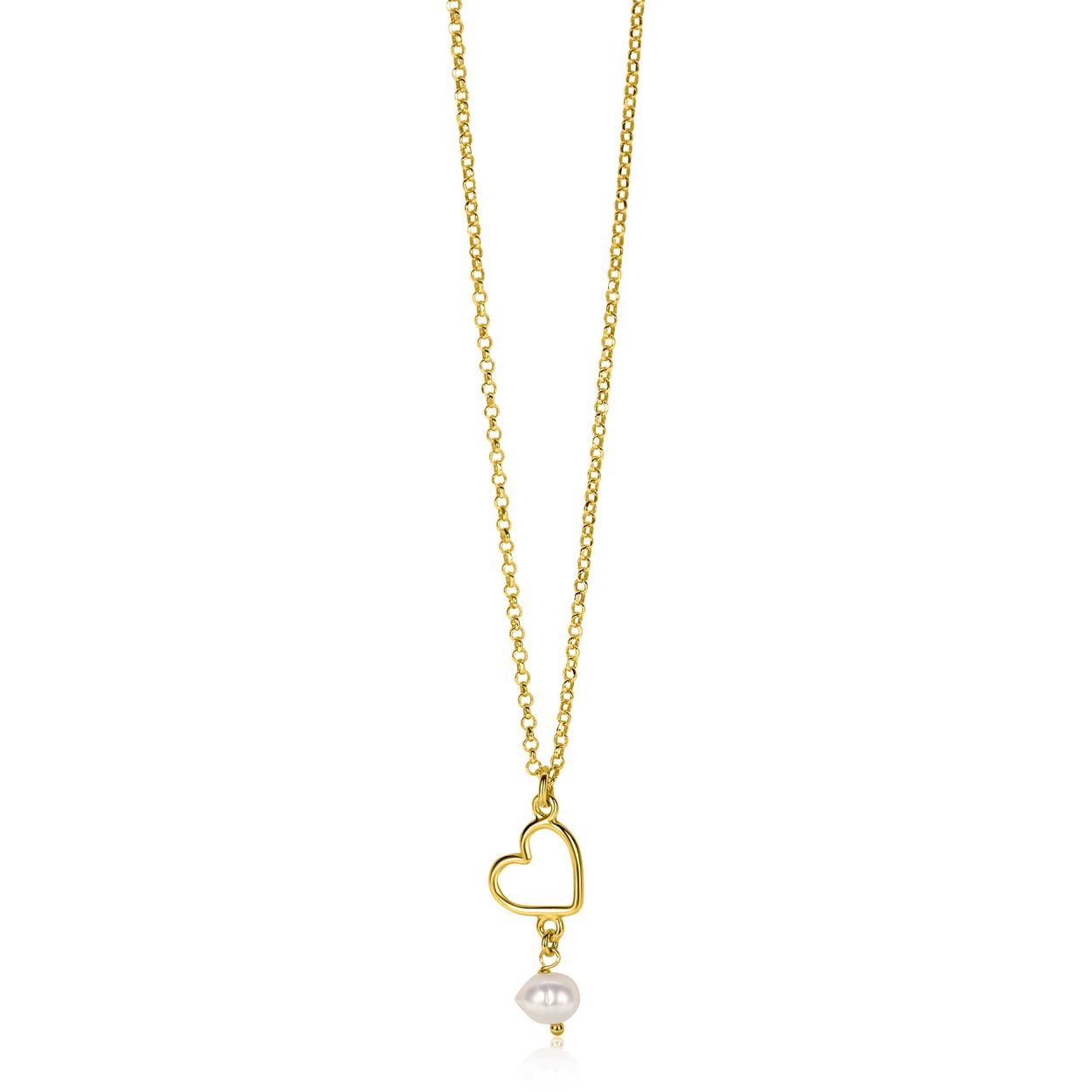 ZINZI gold plated zilveren ketting met open hartje en bungelend witte zoetwaterparel in organische vorm. De lengte van de ketting is te variëren tussen 40-45cm. Vervaardigd van eerste gehalte zilver (925) en extra geel verguld.