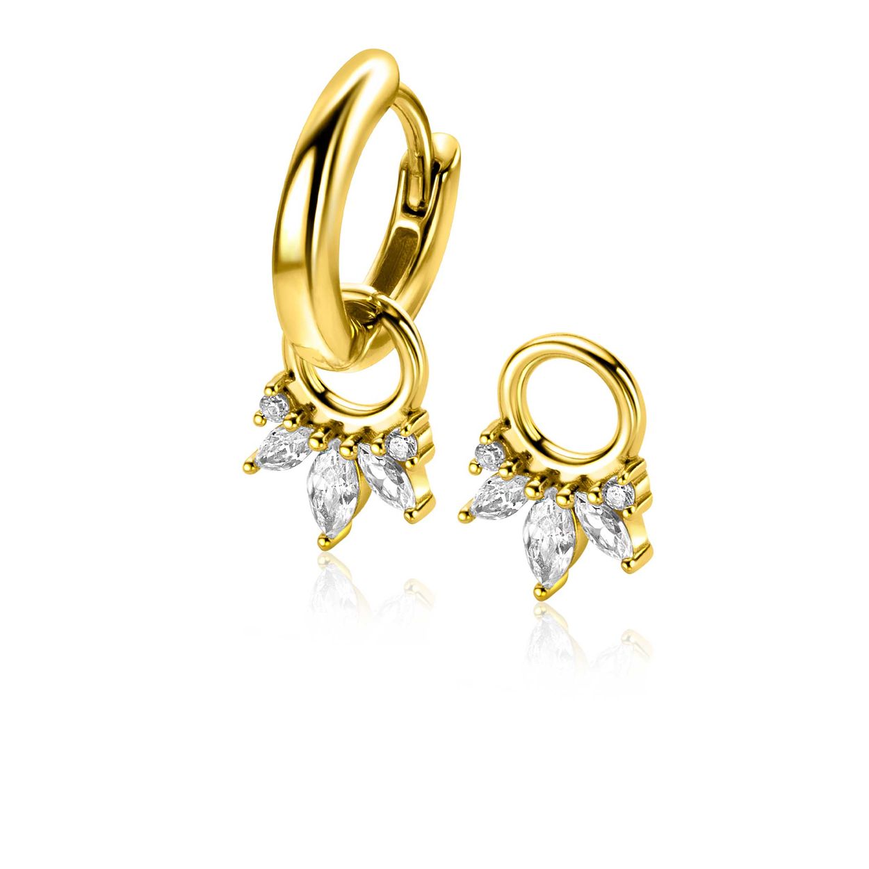 ZINZI gold plated zilveren oorbedels (10mm) met vijf speelse zettingen in aflopende grootte, bezet met witte zirconia's. Hang deze oorbedels sierlijk aan je zilveren ZINZI oorringen voor een mooi effect. De oorringen zijn niet bij de prijs inbegrepen. Vervaardigd van eerste gehalte zilver (925) en extra geel verguld.