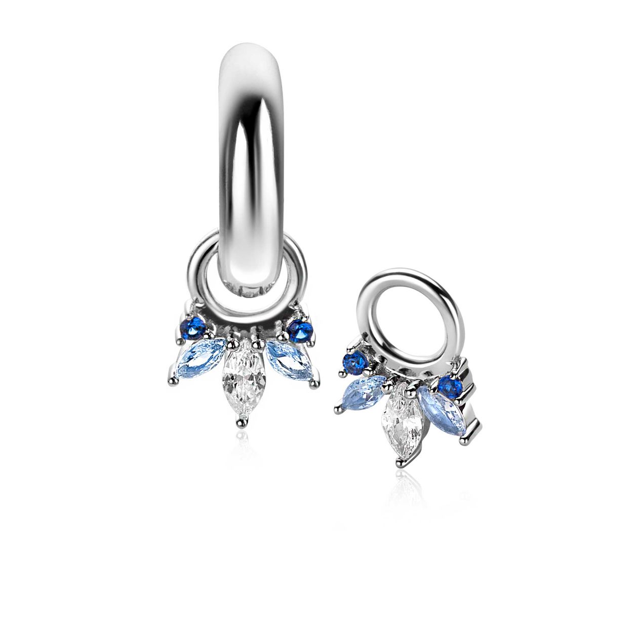 10mm ZINZI zilveren oorbedels met vijf speelse zettingen in aflopende grootte, bezet met blauwe kleurstenen en witte zirconia ZICH2633B (zonder oorringen)