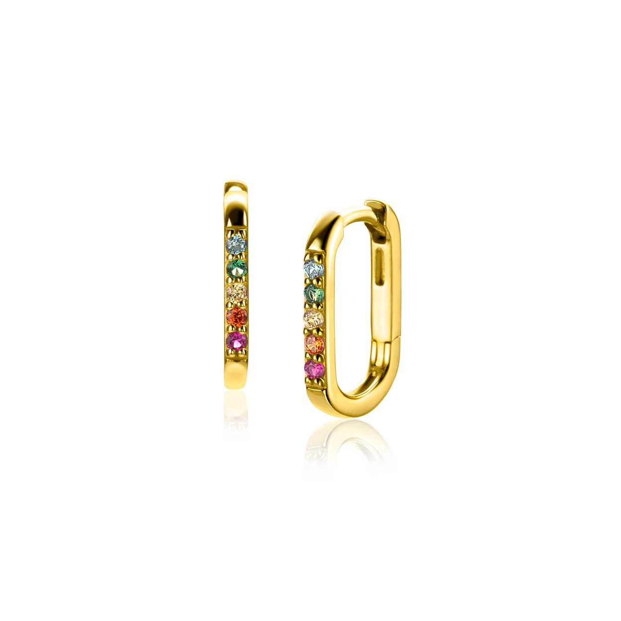 ZINZI gold plated zilveren oorringen in ovale vorm (14mm) bezet met regenboog kleurstenen. Met luxe en gemakkelijke klapsluiting. De doorsnede van deze oorringen is 14mm en de buisdikte is 1,6mm. Vervaardigd van eerste gehalte zilver (925) en extra geel verguld.