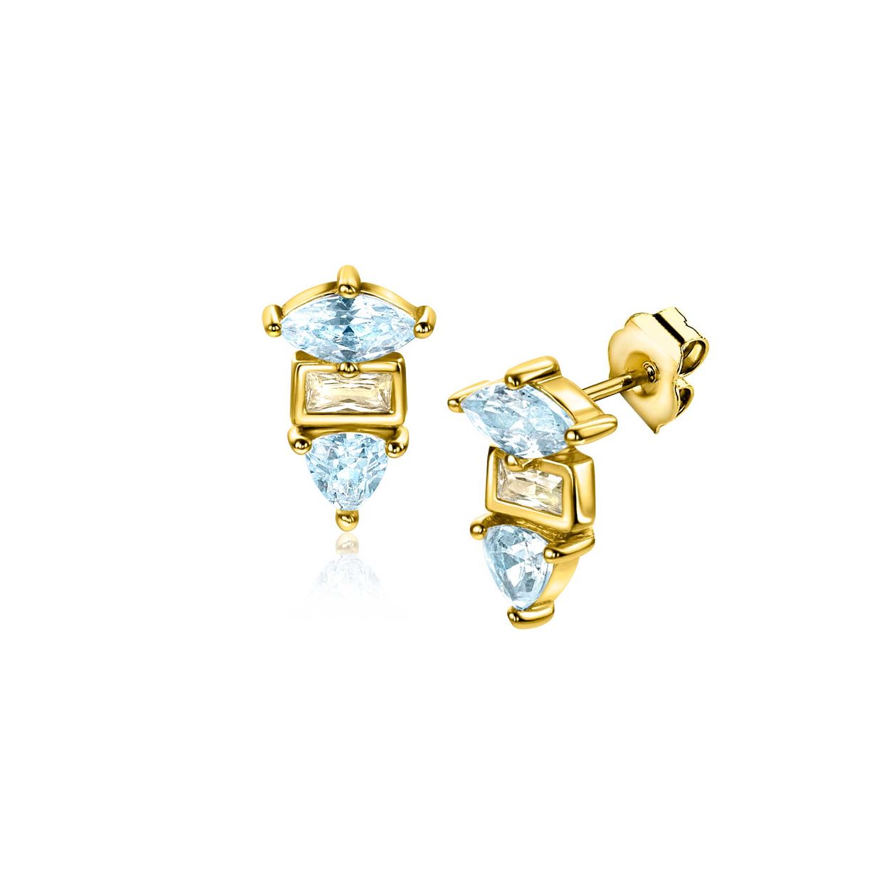 ZINZI gold plated zilveren oorstekers 9,5mm met drie verschillende vormen van zettingen, bezet met champagne en blauwe kleurstenen. Vervaardigd van eerste gehalte zilver (925) en extra geel verguld.