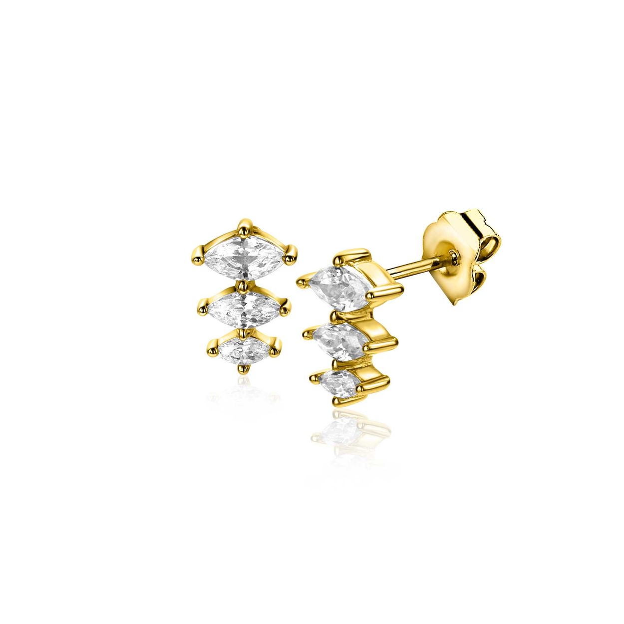 ZINZI gold plated zilveren oorstekers 8mm met drie peervormige zettingen in aflopende grootte. Bezet met witte zirconia's. Vervaardigd van eerste gehalte zilver (925) en extra geel verguld.