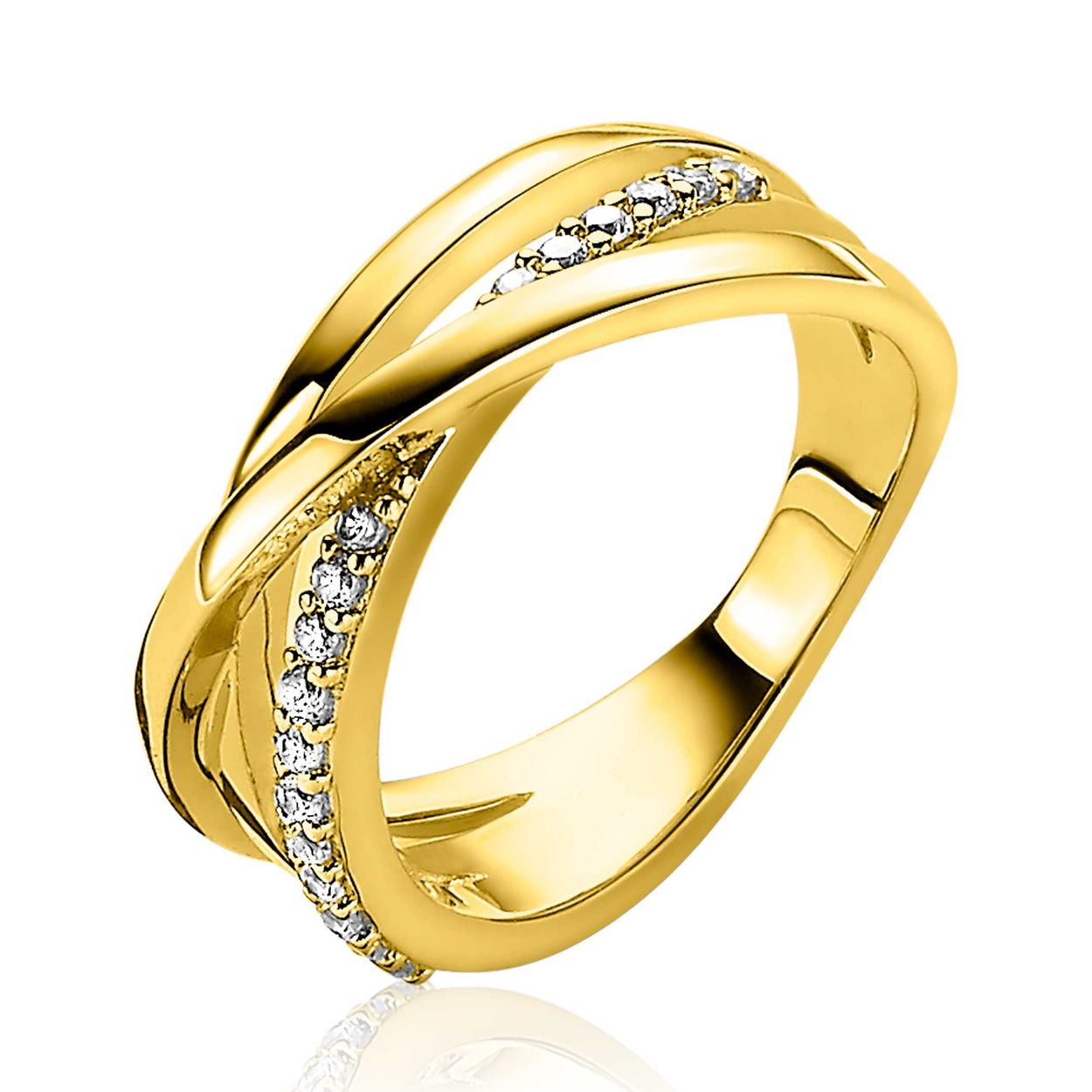 Productomschrijving
Zinzi gold plated zilveren luxe cross-over ring. Een mooie combinatie van drie ringen, waarbij de gladde ring over de vol bezette ring heen gaat. 