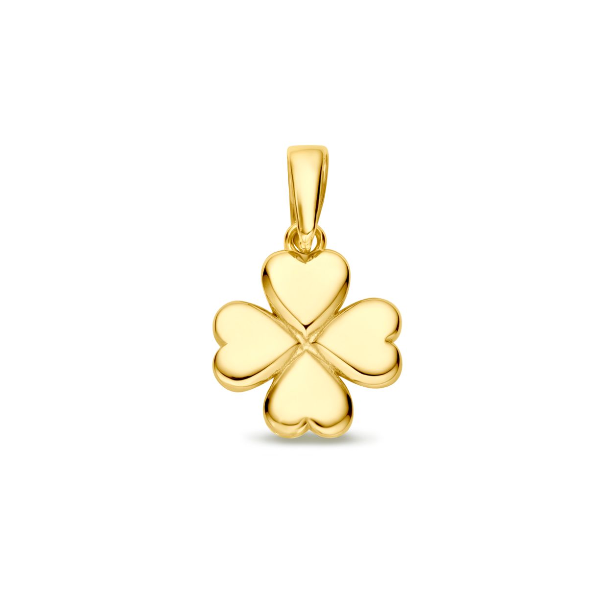 14k Geelgouden hanger uitgevoerd met een klavertje. De hanger heeft een totale hoogte van 16mm.