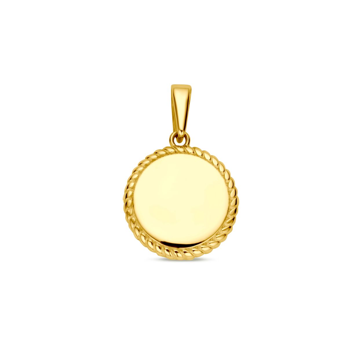 14k Geelgouden graveerhanger met een totale hoogte van 18mm.