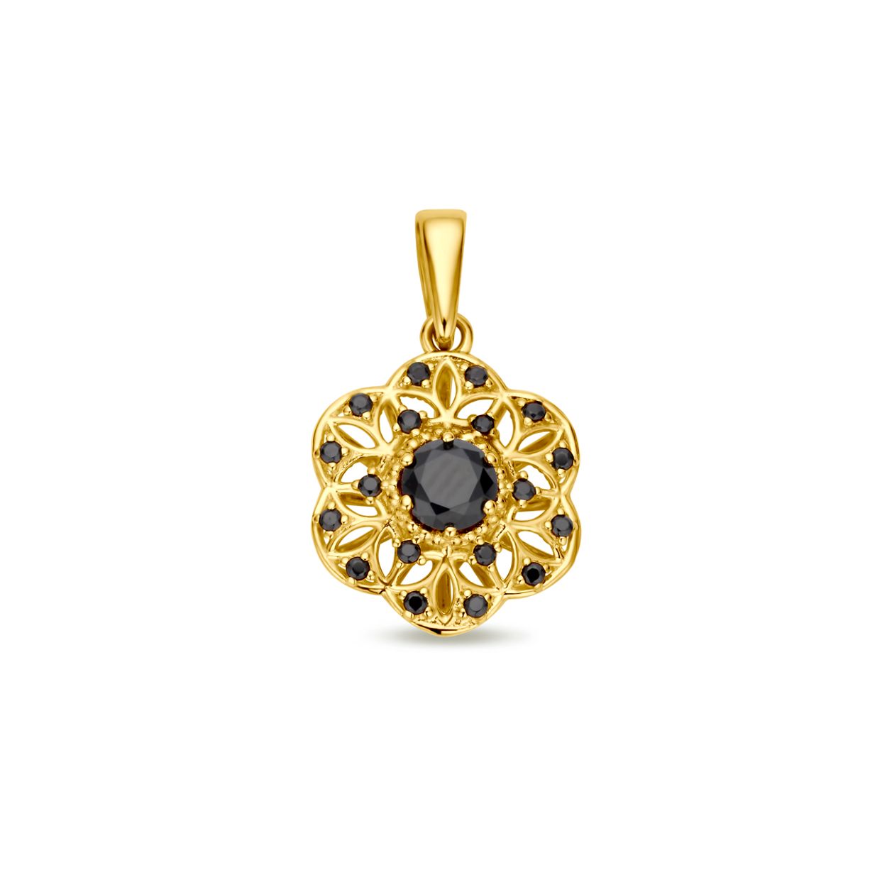 14k Geelgouden hanger uitgevoerd met zwart zirkonia. De hanger heeft een totale hoogte van 19mm.