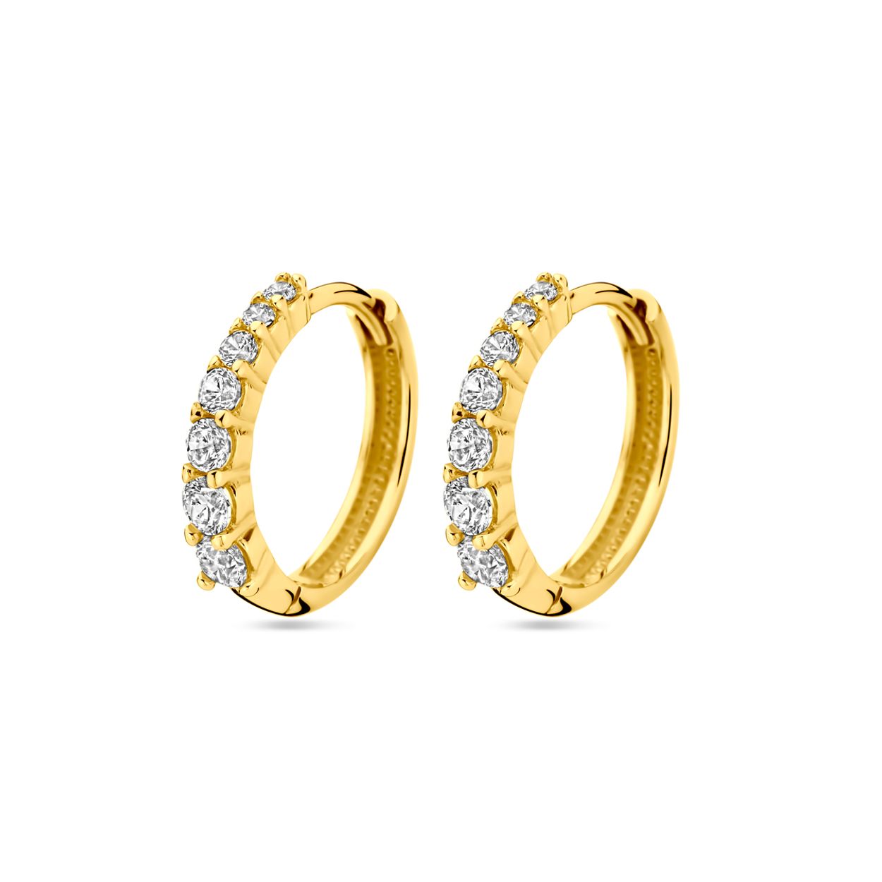 14k Geelgouden klapoorringen uitgevoerd met zirkonia. De klapoorringen hebben een afmeting van 16x3mm.