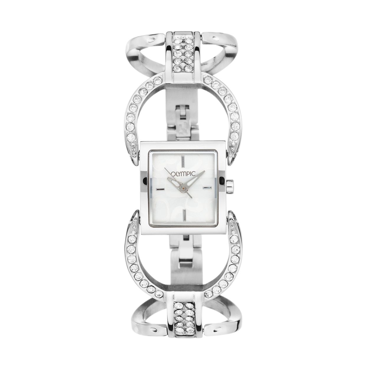 Dit is een horloge van het merk Olympic. Met een horlogekast gemaakt van staal en een zilverkleurige band van staal.
