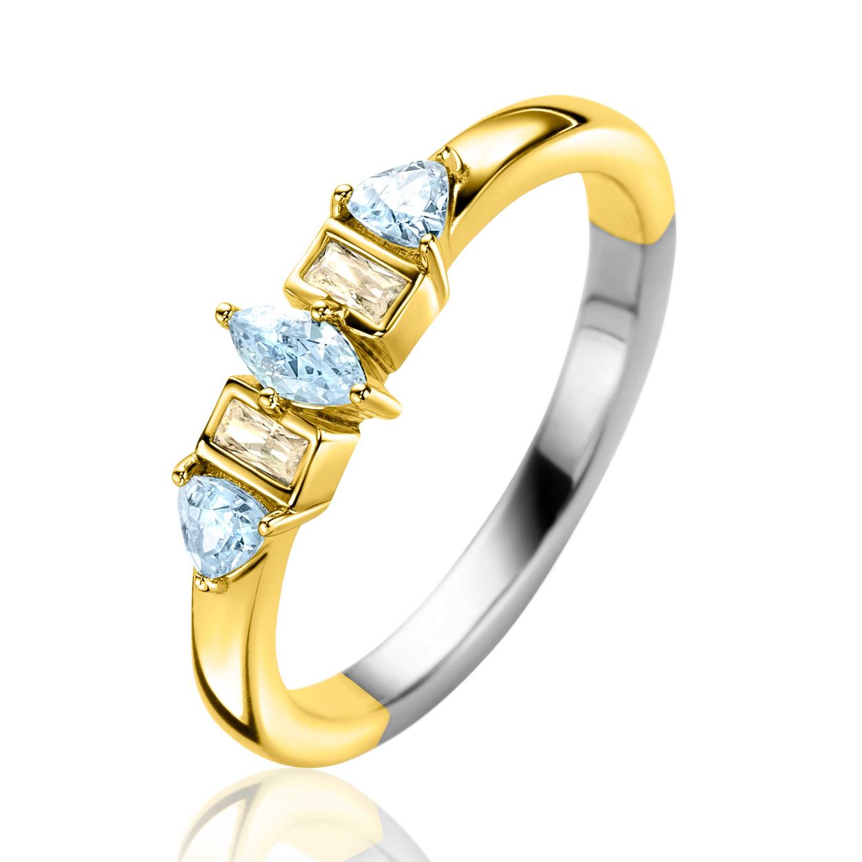 ZINZI gold plated zilveren ring met luxe combinatie van zettingen in peer, rechthoek en driehoeksvorm. Bezet met lichtblauwe en champagne kleurstenen. Vervaardigd van eerste gehalte zilver (925) en extra geel verguld.