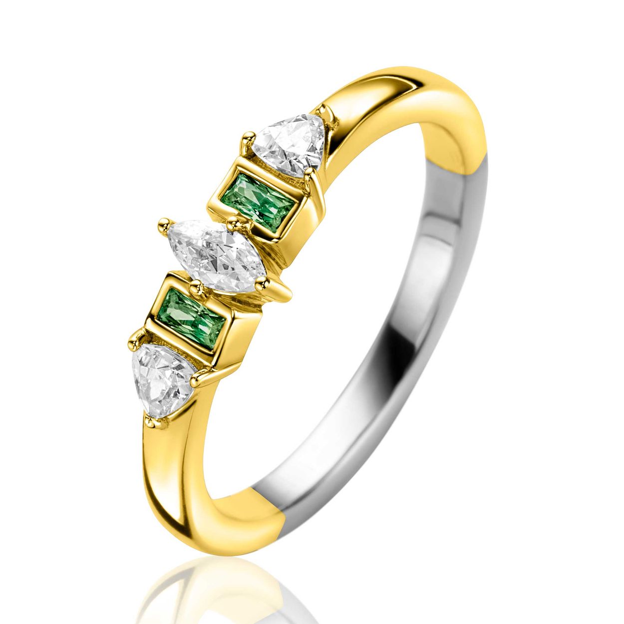 ZINZI gold plated zilveren ring met luxe combinatie van zettingen in peer, rechthoek en driehoeksvorm. Bezet met witte zirconia's en groene kleurstenen. Vervaardigd van eerste gehalte zilver (925) en extra geel verguld.