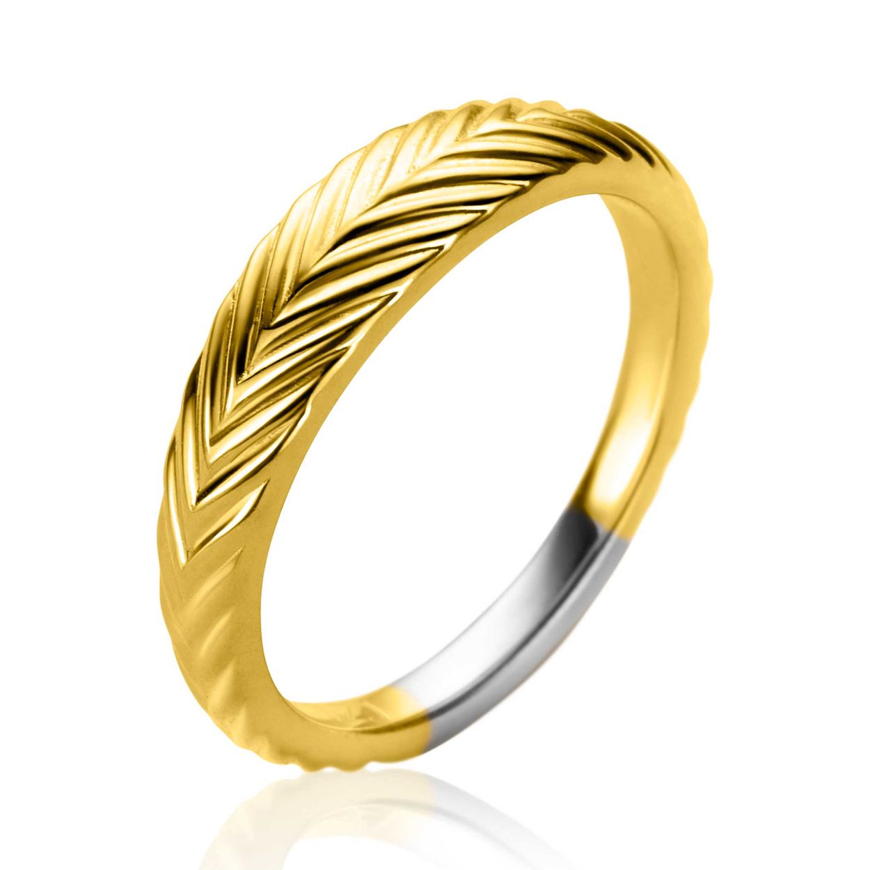Zinzi goldplated zilveren ring 5mm breed met veertjesmotief. In een maat 62.