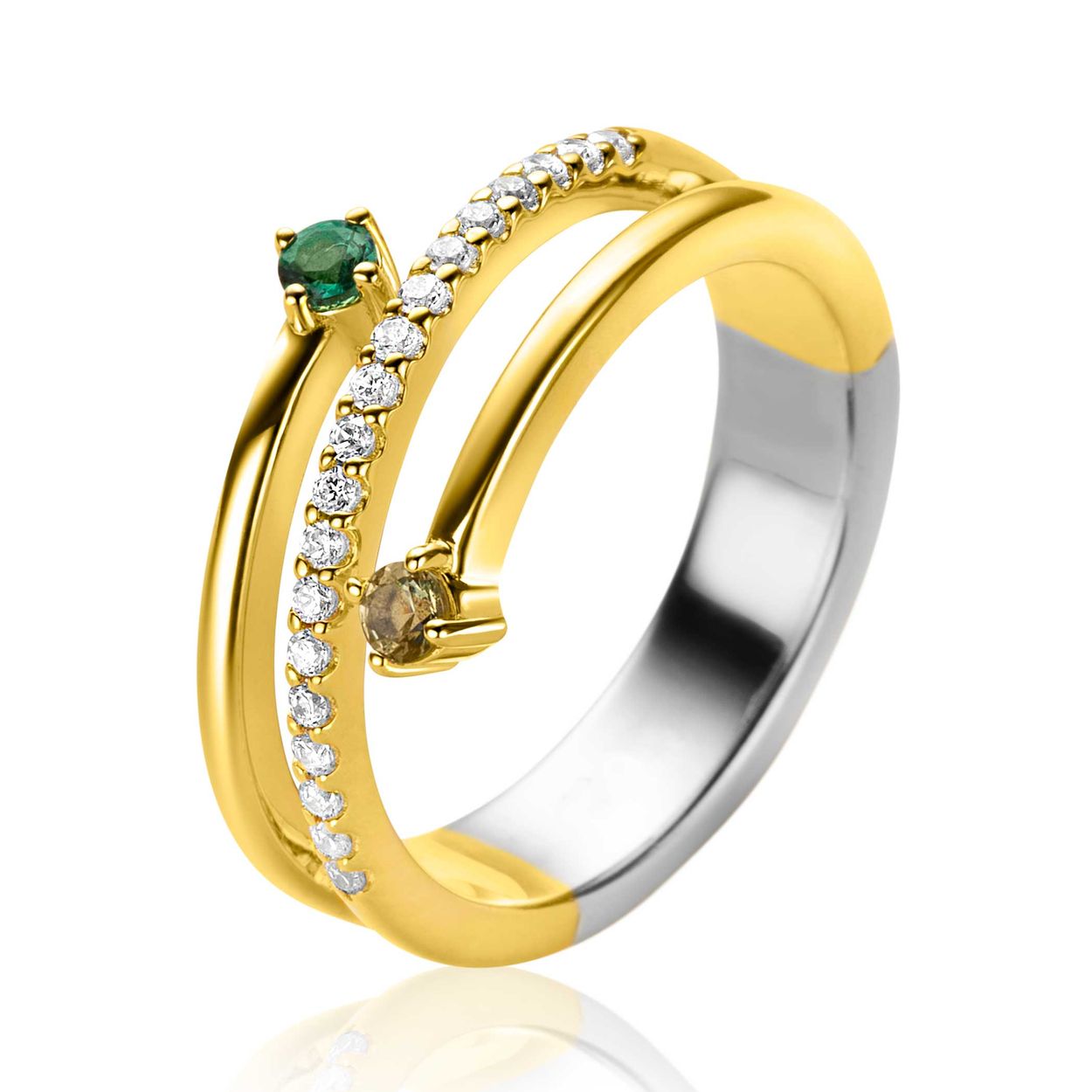 ZINZI gold plated zilveren multi-look ring (9mm breed) met 3 rijen, bezet met peridot en donkergroene kleursteen. De middelste rij is geheel bezet met witte zirconia's. Maak je look compleet met de bijpassende oorringen! Vervaardigd van eerste gehalte zilver (925) en extra geel verguld.