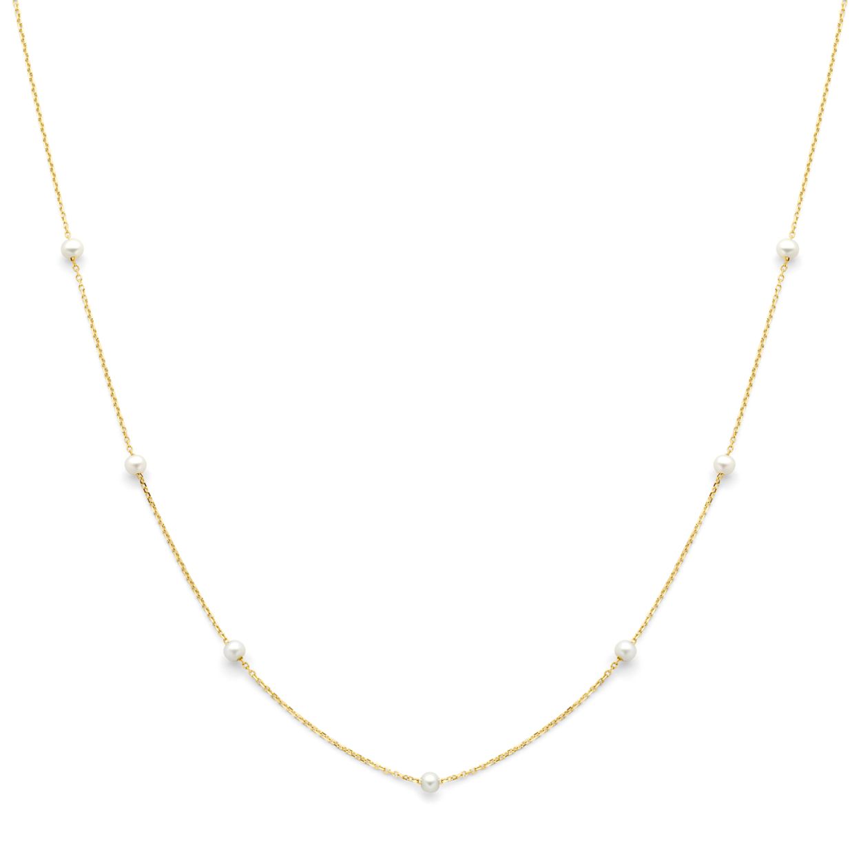 14k Geelgouden collier uitgevoerd met zoetwaterparels. Het collier heeft draaglengtes van 42-45cm.
