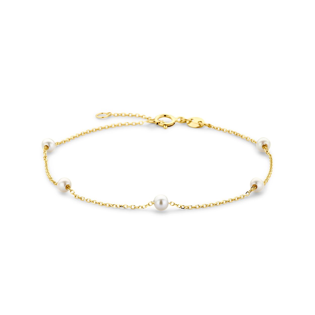 14k Geelgouden armband uitgevoerd met zoetwaterparels. De armband heeft draaglengtes van 16.5-18.5cm.