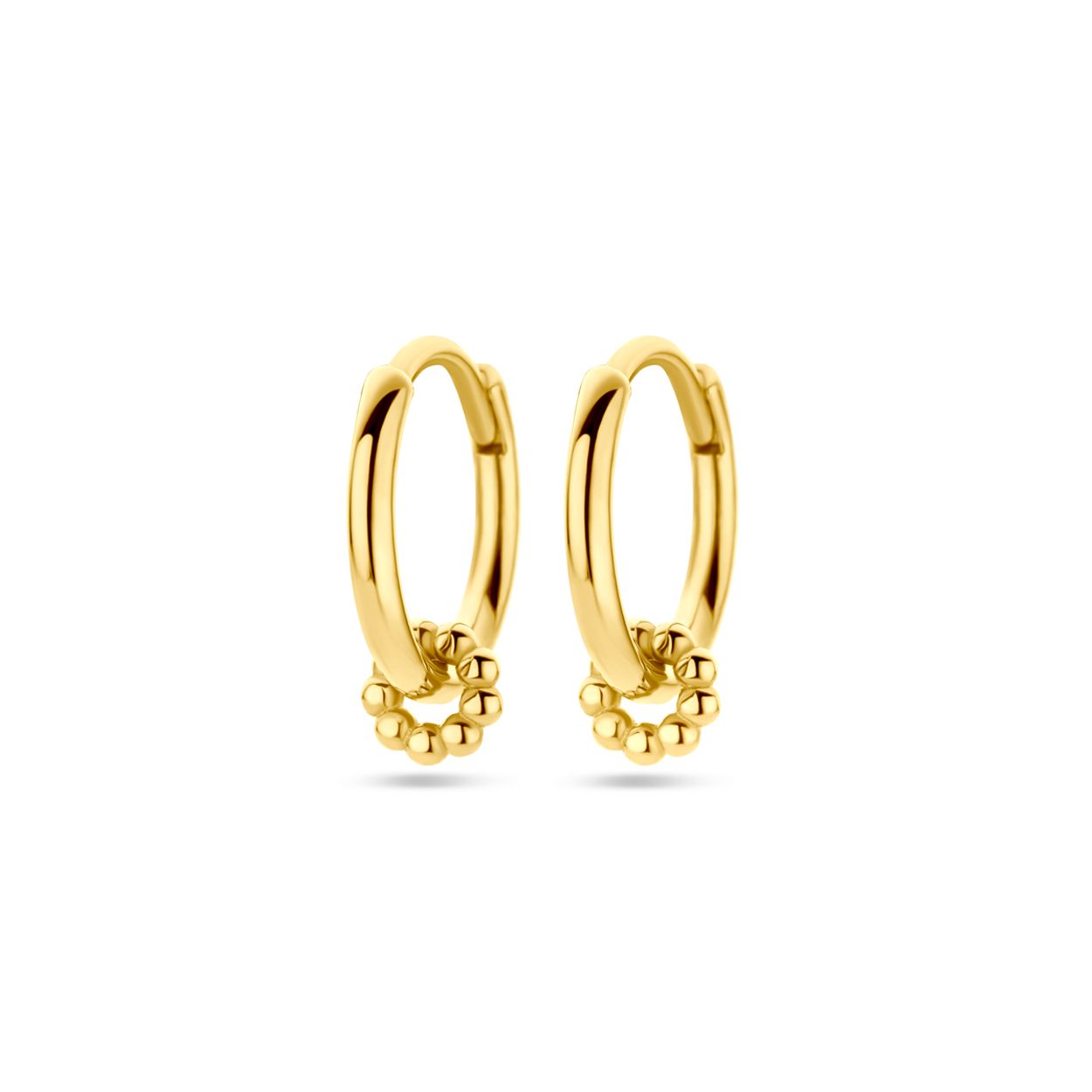 14k Geelgouden oorringen uitgevoerd met cirkelvormige hangers met bolletjes. De oorringen hebben een diameter van 12mm.