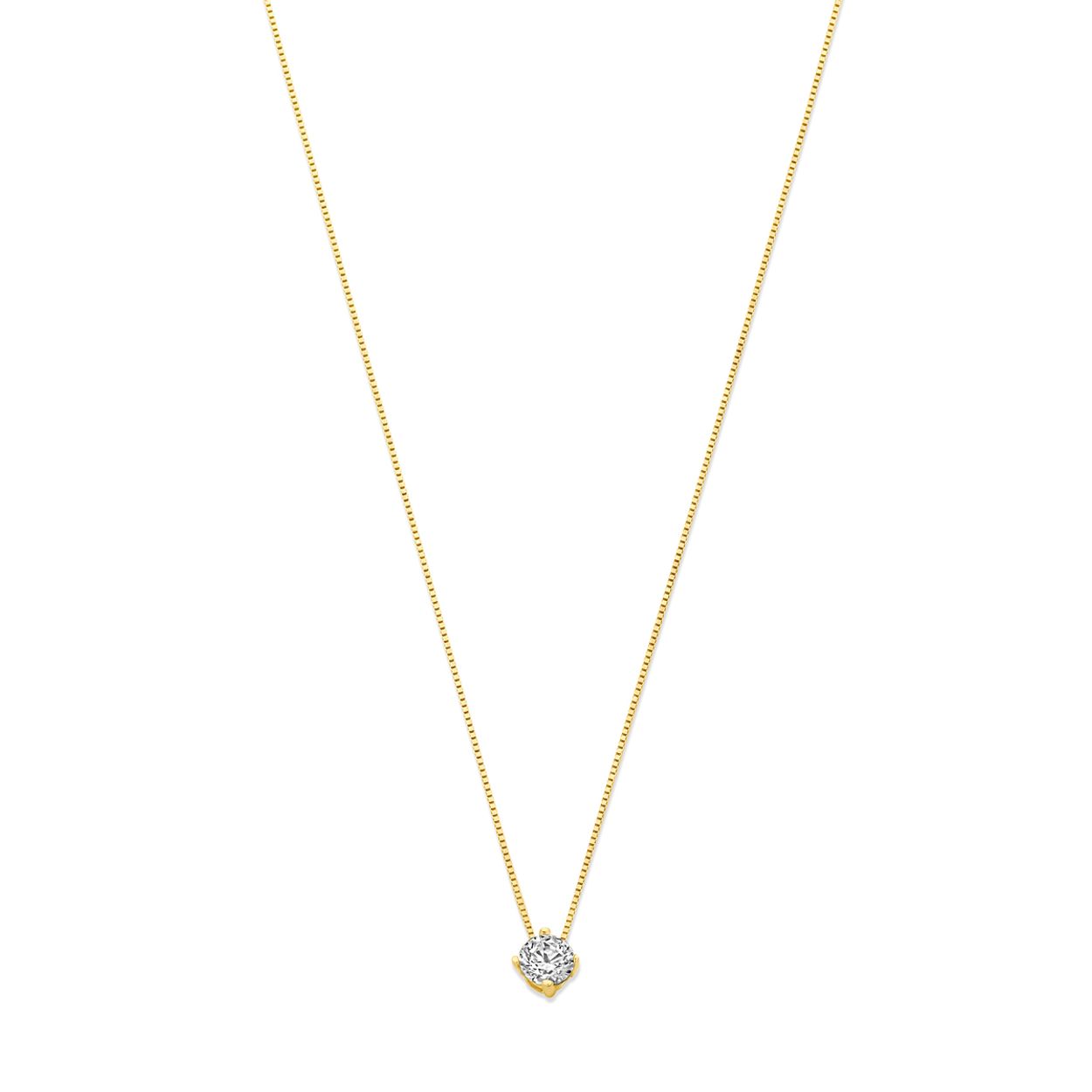 14k Geelgouden collier uitgevoerd met zirkonia. Het collier heeft draaglengtes van 43-45cm en een schakelbreedte van 0.5mm.