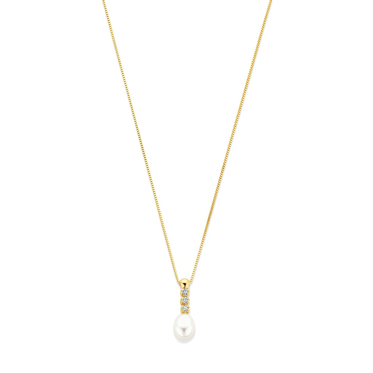 14k Geelgouden collier uitgevoerd met zirkonia en zoetwaterparel. Het collier heeft draaglengtes van 42-45cm.