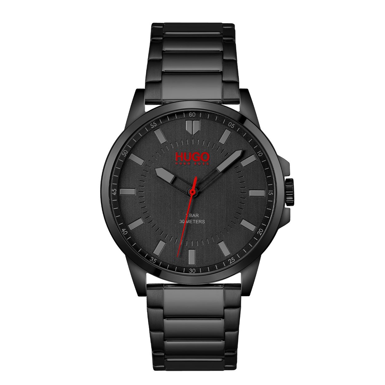 HUGO HU1530187 #FIRST 43mm  
Dit HUGO horloge uit de First serie met artikelnr. HU1530187 is ontworpen voor de man die niets te verbergen heeft, volledig zichzelf is in zijn eigen unieke stijl. Het herenhorloge kenmerkt zich door zijn zwarte stalen horlogekast met en zwarte bezel. Het ontwerp valt op door zijn casual vorm, tijd voor weekend! Opvallend zijn de grijs en rood geaccentueerde wijzers op de zwarte wijzerplaat. Aan de kast zit een zwarte schakelband met vouwsluiting. Het stoer ogende herenhorloge heeft een mineraalglas, een doorsnee van 43mm en is 3 ATM.

HET MERK:
HUGO BOSS is afgestemd op levensstijlen waar het gaat om kwaliteit en precisie. Het wereldwijde fashionlabel is verdeeld in twee merken: BOSS en HUGO. Het merk HUGO presenteert eigentijdse en vooruitstrevende designs volgens de laatste fashion trends waarmee mensen worden gestimuleerd om zichzelf te zijn. Scherp maatwerk en casual horloges gecombineerd met een progressieve attitude. HUGO horloges zijn er voor de urban en ruimdenkende man die de leiding durft te nemen. De enige regel van de HUGO-man als het om stijl gaat: zijn authentieke zelf en niets anders.

Maak kennis met de nieuwe horlogecollectie van HUGO.

SPECIFICATIES:
- Mineraalglas
- Ronde kastvorm, Ø 43mm
- Zwarte horlogekast
- Zwarte wijzerplaat
- Zwarte schakelband
- 3 ATM