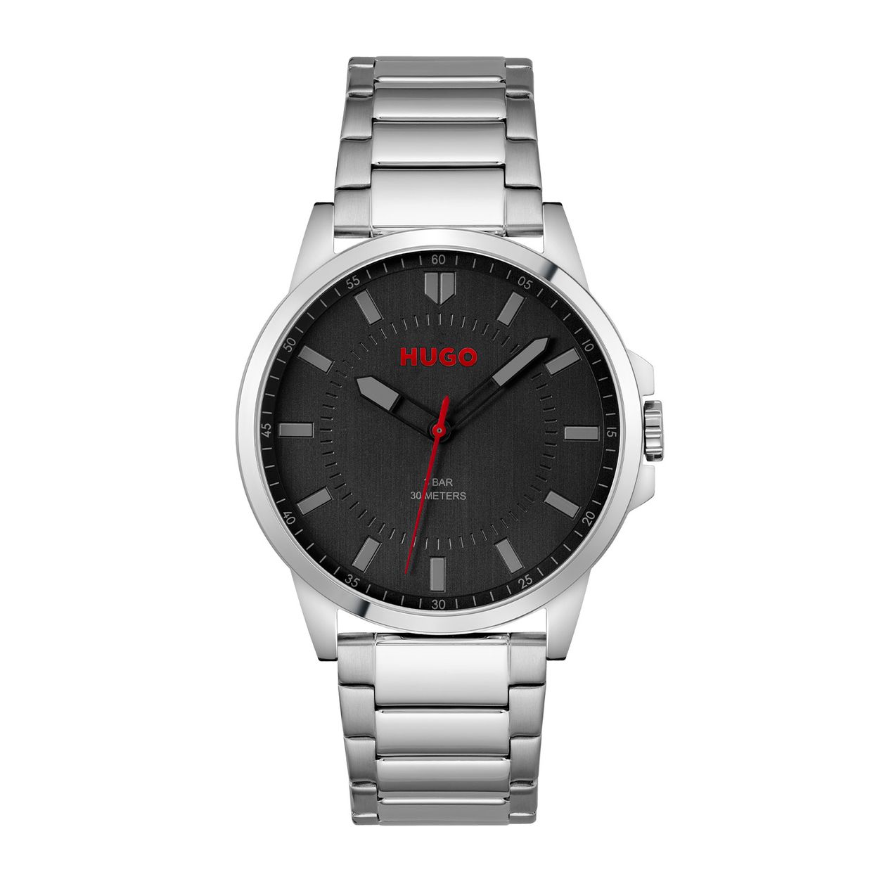 HUGO HU1530246 #FIRST 43mm  
Dit HUGO horloge uit de First serie met artikelnr. HU1530246 is ontworpen voor de man die niets te verbergen heeft, volledig zichzelf is in zijn eigen unieke stijl. Het herenhorloge kenmerkt zich door zijn zilverkleurige stalen horlogekast met en glimmende bezel. Het ontwerp valt op door zijn casual vorm, tijd voor weekend! Opvallend zijn de grijs en rood geaccentueerde wijzers op de zwarte wijzerplaat. Aan de kast zit een zilverkleurige schakelband met vouwsluiting. Het stoer ogende herenhorloge heeft een mineraalglas, een doorsnee van 43mm en is 3 ATM.

HET MERK:
HUGO BOSS is afgestemd op levensstijlen waar het gaat om kwaliteit en precisie. Het wereldwijde fashionlabel is verdeeld in twee merken: BOSS en HUGO. Het merk HUGO presenteert eigentijdse en vooruitstrevende designs volgens de laatste fashion trends waarmee mensen worden gestimuleerd om zichzelf te zijn. Scherp maatwerk en casual horloges gecombineerd met een progressieve attitude. HUGO horloges zijn er voor de urban en ruimdenkende man die de leiding durft te nemen. De enige regel van de HUGO-man als het om stijl gaat: zijn authentieke zelf en niets anders.

Maak kennis met de nieuwe horlogecollectie van HUGO.

SPECIFICATIES:
- Mineraalglas
- Ronde kastvorm, Ø 43mm
- Zilverkleurige horlogekast
- Zwarte wijzerplaat
- Zilverkleurige schakelband
- 3 ATM