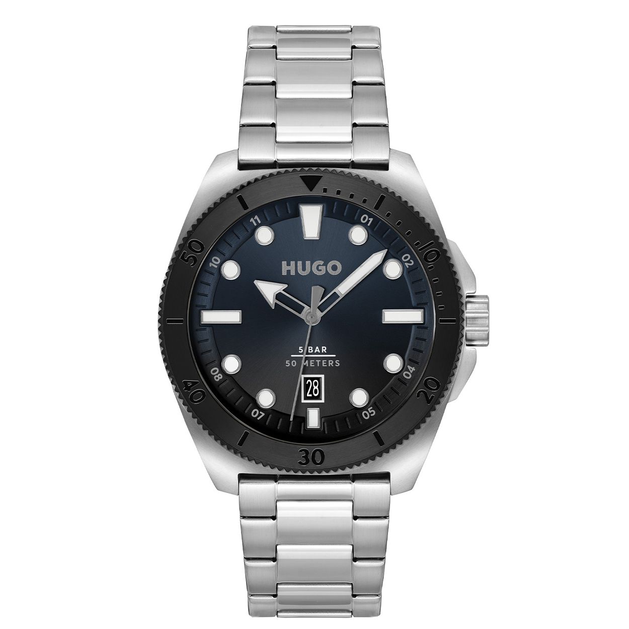 HUGO HU1530305 #VISIT 44mm  
Dit HUGO horloge uit de Visit serie met artikelnr. HU1530305 is ontworpen voor de man die niets te verbergen heeft, volledig zichzelf is in zijn eigen unieke stijl. Het herenhorloge kenmerkt zich door zijn zilverkleurige stalen horlogekast met en bewerkte bezel. Het ontwerp valt op door zijn casual vorm, tijd voor weekend! Opvallend zijn de witte wijzers en stippen op de blauwe wijzerplaat. Aan de kast zit een zilverkleurige schakelband met vouwsluiting. Het stoer ogende herenhorloge heeft een mineraalglas, een doorsnee van 44mm en is 5ATM.

HET MERK:
HUGO BOSS is afgestemd op levensstijlen waar het gaat om kwaliteit en precisie. Het wereldwijde fashionlabel is verdeeld in twee merken: BOSS en HUGO. Het merk HUGO presenteert eigentijdse en vooruitstrevende designs volgens de laatste fashion trends waarmee mensen worden gestimuleerd om zichzelf te zijn. Scherp maatwerk en casual horloges gecombineerd met een progressieve attitude. HUGO horloges zijn er voor de urban en ruimdenkende man die de leiding durft te nemen. De enige regel van de HUGO-man als het om stijl gaat: zijn authentieke zelf en niets anders.

Maak kennis met de nieuwe horlogecollectie van HUGO.

SPECIFICATIES:
- Mineraalglas
- Ronde kastvorm, Ø 42mm
- Zilverkleurige horlogekast
- Blauwe wijzerplaat
- Zilverkleurige schakelband
- 5ATM