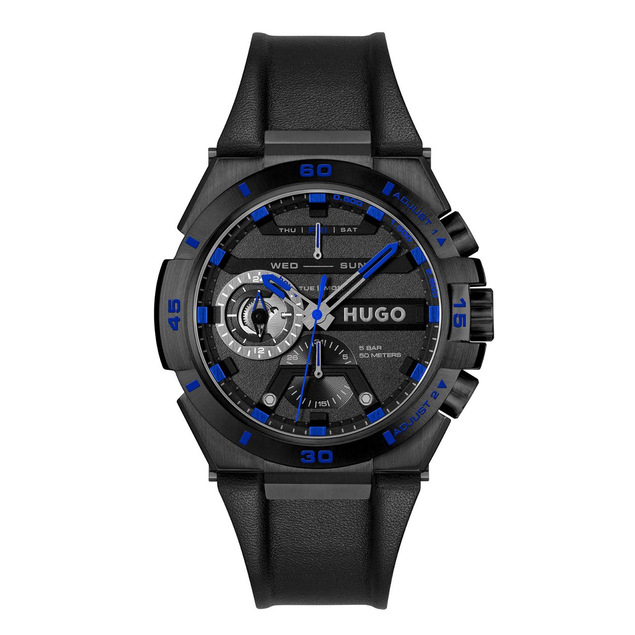 HUGO HU1530341 #WILD 46mm  
Dit HUGO horloge uit de Wild serie met artikelnr. HU1530341 is ontworpen voor de man die niets te verbergen heeft, volledig zichzelf is in zijn eigen unieke stijl. Het herenhorloge kenmerkt zich door zijn zwarte stalen horlogekast met en bewerkte bezel. Het ontwerp valt op door zijn casual vorm, tijd voor weekend! Opvallend zijn de blauwe wijzers en accenten op de zwarte wijzerplaat. Aan de kast zit een zwarte lerenband met gespsluiting. Het stoer ogende herenhorloge heeft een mineraalglas, een doorsnee van 46mm en is 5ATM.

HET MERK:
HUGO BOSS is afgestemd op levensstijlen waar het gaat om kwaliteit en precisie. Het wereldwijde fashionlabel is verdeeld in twee merken: BOSS en HUGO. Het merk HUGO presenteert eigentijdse en vooruitstrevende designs volgens de laatste fashion trends waarmee mensen worden gestimuleerd om zichzelf te zijn. Scherp maatwerk en casual horloges gecombineerd met een progressieve attitude. HUGO horloges zijn er voor de urban en ruimdenkende man die de leiding durft te nemen. De enige regel van de HUGO-man als het om stijl gaat: zijn authentieke zelf en niets anders.

Maak kennis met de nieuwe horlogecollectie van HUGO.

SPECIFICATIES:
- Mineraalglas
- Ronde kastvorm, Ø 46mm
- Zwarte horlogekast
- Zwarte wijzerplaat
- Zwarte lerenband
- 5ATM