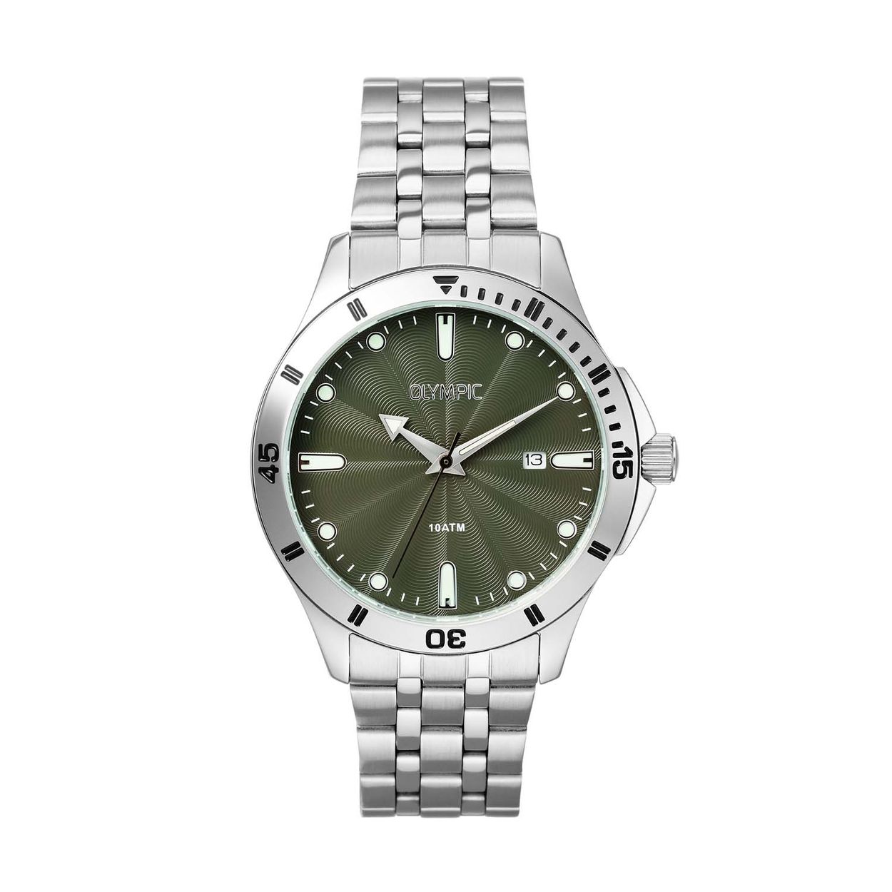 Olympic OL72HSS408 Quinn Horloge Staal 41mm 
Dit unieke Olympic horloge met artikelnummer: OL72HSS408 is een herenhorloge met een classic sportieve uitstraling. Het horloge heeft een ronde stalen kast met een groene wijzerplaat met een datum, witte strepen en stippen ingelegd met lumibrite. Aan de kast zit een stalen schakelband met vouwsluiting. Het horloge heeft een mineraalglas, een doorsnee van 41mm en is 10ATM.

Het merk:
Een mooi horloge hoeft niet duur te zijn! Het Nederlandse horlogemerk Olympic levert stoere chronografen, slimline series, digitale uurwerken en elegante dameshorloges. De prijs-kwaliteitverhouding staat bij Olympic hoog in het vaandel met prijzen die uiteenlopen van € 34,95 tot en met € 159,00.

100% Nederlands ontwerp, waterdicht en standaard 3 jaar fabrieksgarantie.

Specificaties:
- Ronde kast Ø 41mm
- Stalen horlogekast
- Groene wijzerplaat
- Stalen schakelband
- 10ATM 
- Standaard 3 jaar fabrieksgarantie
- Mineraalglas
