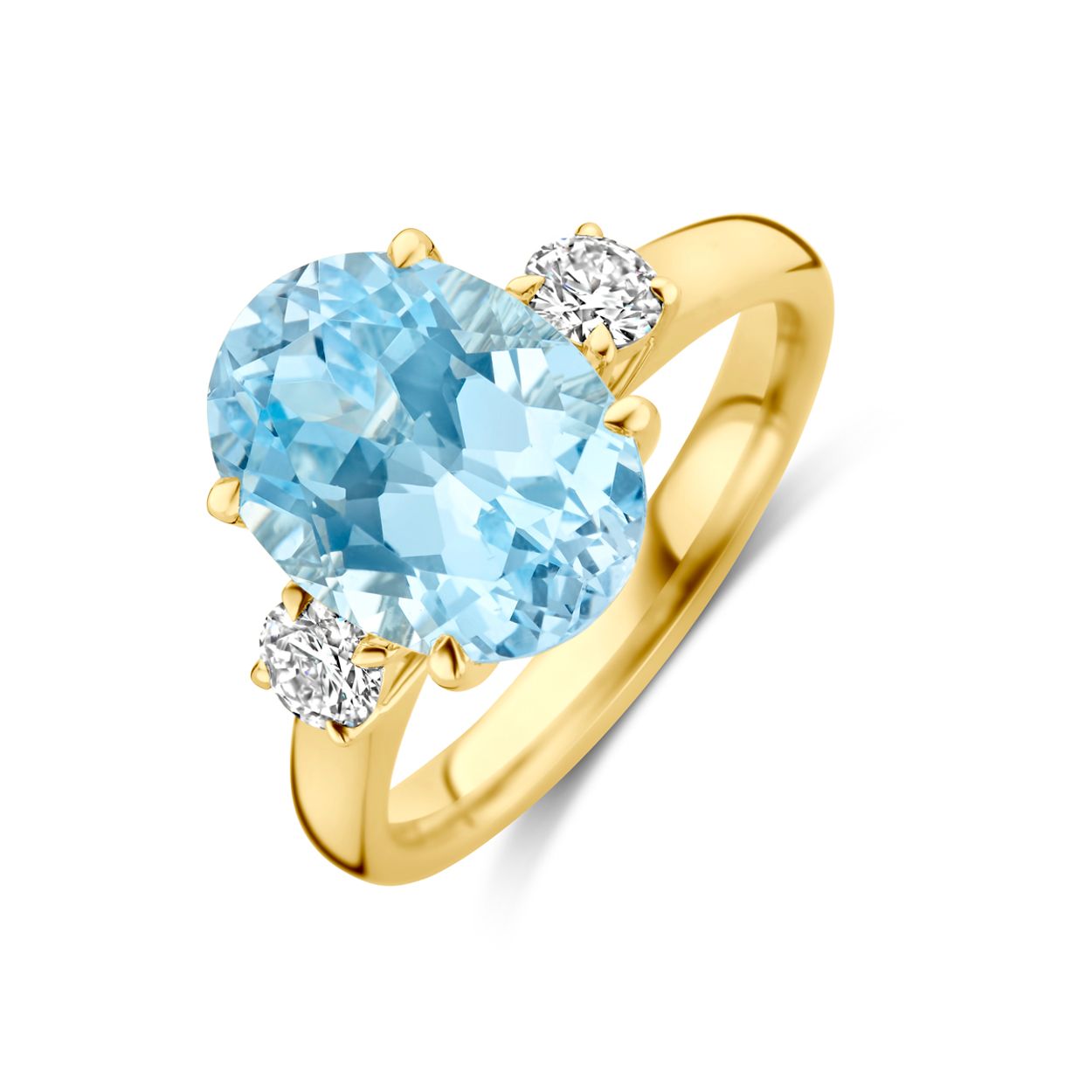 14k Geelgouden ring uitgevoerd met lab grown sky blue topaas en lab grown diamanten. De ring heeft een afmeting van 12x9mm en het diamantgewicht is 0.35ct.&nbsp;Lab grown diamanten zijn diamanten die ontstaan in een laboratorium. Onder extreem hoge druk en temperatuur wordt het natuurlijk ontstaansproces nagebootst met als eindresultaat een diamant met dezelfde chemische eigenschappen maar met een andere oorsprong