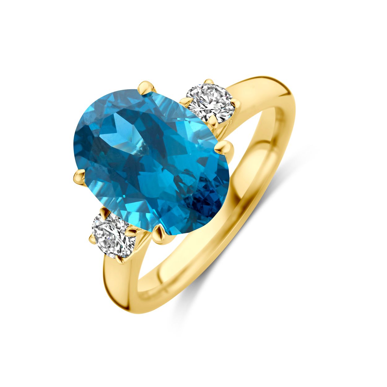 14k Geelgouden ring uitgevoerd met lab grown london blue topaas en lab grown diamanten. De ring heeft een afmeting van 12x9mm en het diamantgewicht is 0.35ct.&nbsp;Lab grown diamanten zijn diamanten die ontstaan in een laboratorium. Onder extreem hoge druk en temperatuur wordt het natuurlijk ontstaansproces nagebootst met als eindresultaat een diamant met dezelfde chemische eigenschappen maar met een andere oorsprong.