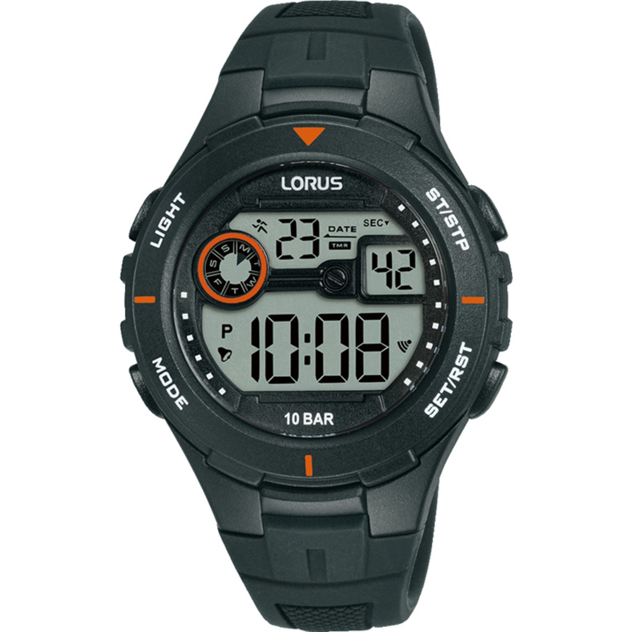 Dit is een herenhorloge van het merk Lorus. Het is een digitaal horloge gemaakt van kunststof. De diameter van de kast is 36 mm en de kast is 13 mm dik.
De verdere specificaties van het horloge zijn als volgt:
Kastvorm: rond
Kastkleur: zwart
Kastmateriaal: kunststof
Bandbreedte: 19 mm
Bandlengte: 231 mm
Sluiting: gesp
Wijzerplaatkleur: zwart
Glassoort: acryl glas
Waterdichtheid: 10 ATM
Techniek: quartz