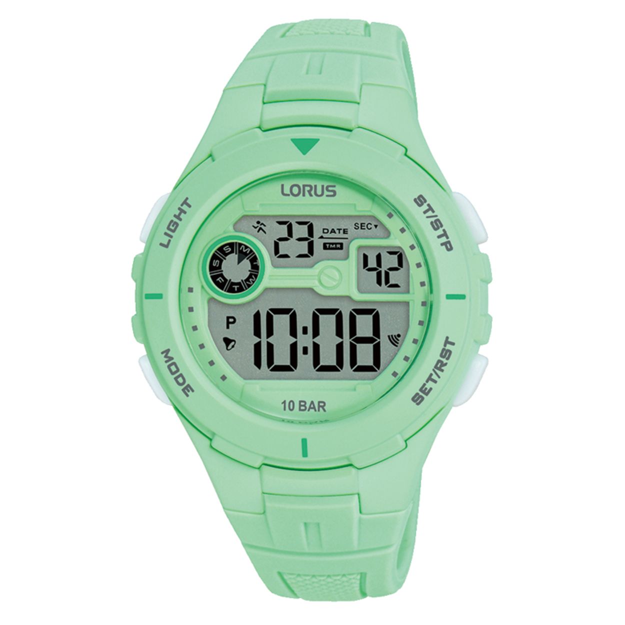 Dit is een herenhorloge van het merk Lorus. Het is een digitaal horloge gemaakt van kunststof. De diameter van de kast is 36 mm en de kast is 13 mm dik.
De verdere specificaties van het horloge zijn als volgt:
Kastvorm: rond
Kastkleur: groen
Kastmateriaal: kunststof
Bandbreedte: 19 mm
Bandlengte: 231 mm
Sluiting: gesp
Wijzerplaatkleur: groen
Glassoort: acryl glas
Waterdichtheid: 10 ATM