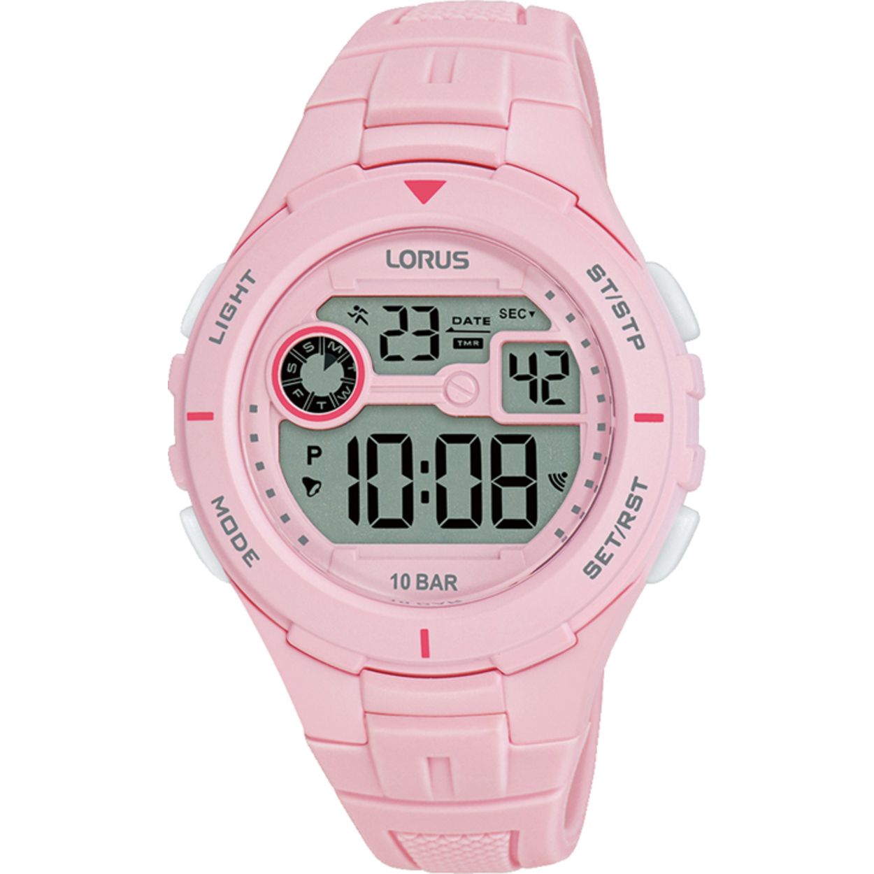 Dit is een herenhorloge van het merk Lorus. Het is een digitaal horloge gemaakt van kunststof. De diameter van de kast is 36 mm en de kast is 13 mm dik.
De verdere specificaties van het horloge zijn als volgt:
Kastvorm: rond
Kastkleur: roze
Kastmateriaal: kunststof
Bandbreedte: 19 mm
Sluiting: gesp
Wijzerplaatkleur: roze
Glassoort: acryl glas
Waterdichtheid: 10 ATM