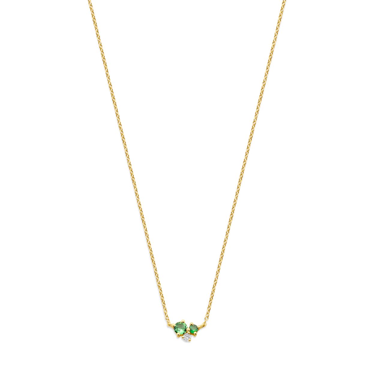14k Geelgouden collier uitgevoerd met tsavoriet en diamant. Het collier heeft draaglengtes van 41-43-45cm. De totale diamantgewicht is 0.03ct. Uitgevoerd met karabijnsluiting.