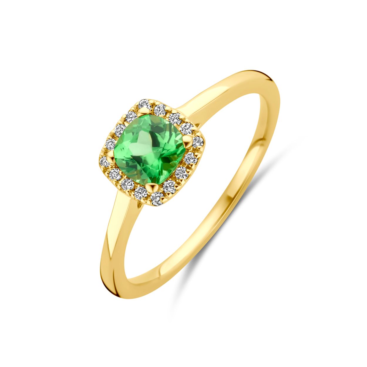 14k Geelgouden ring uitgevoerd met tsavoriet en diamant. De ring heeft een breedte van 7mm. De totale diamantgewicht is 0.07ct.