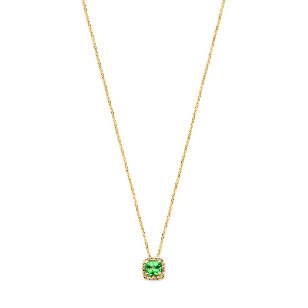 14k Geelgouden collier uitgevoerd met tsavoriet en diamant. Het collier heeft draaglengtes van 41-43-45cm. De totale diamantgewicht is 0.7ct. Uitgevoerd met karabijnsluiting.