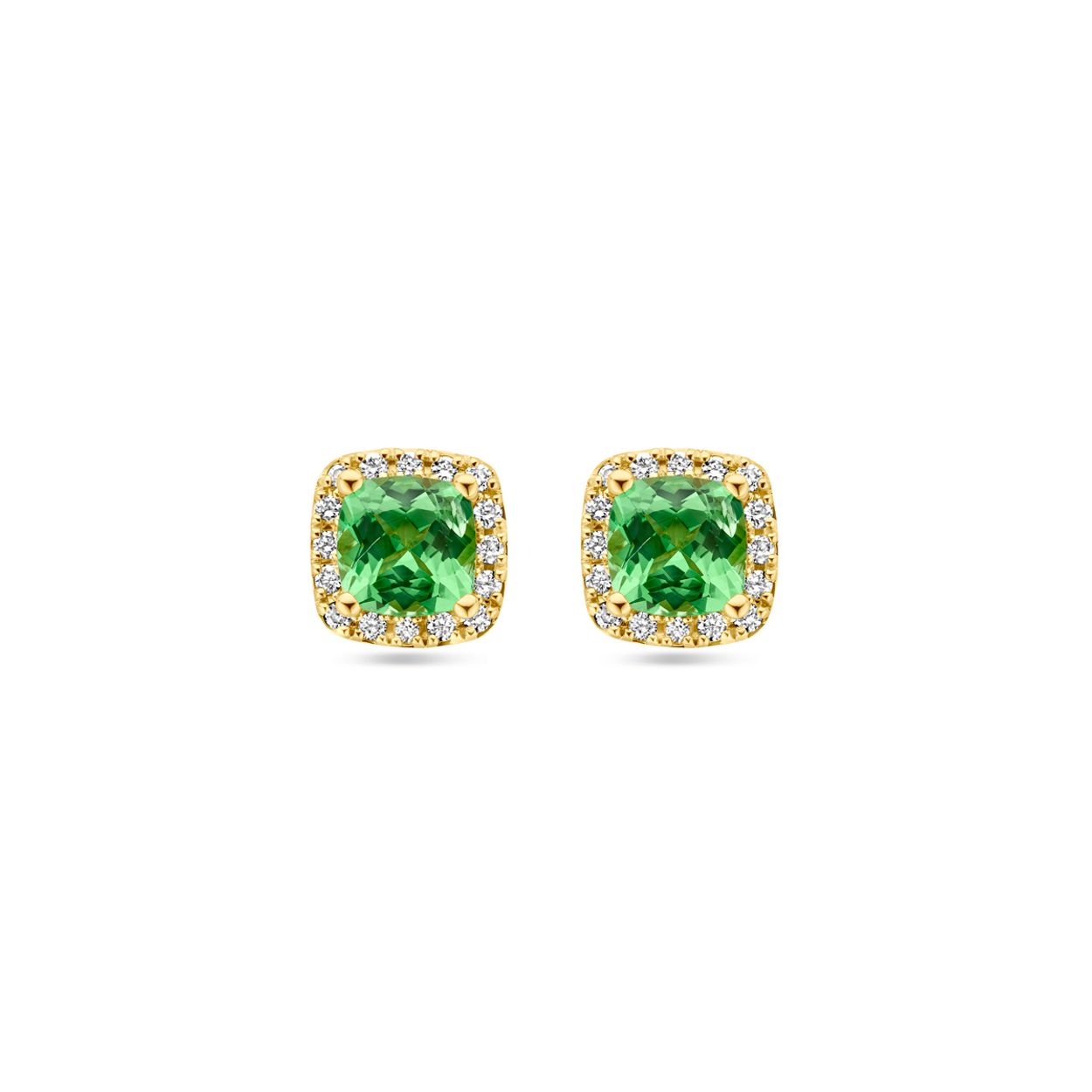 14k Geelgouden oorknoppen uitgevoerd met tsavoriet en diamant. De oorknoppen hebben een afmeting van 7x7mm. De totale diamantgewicht is 0.18ct.