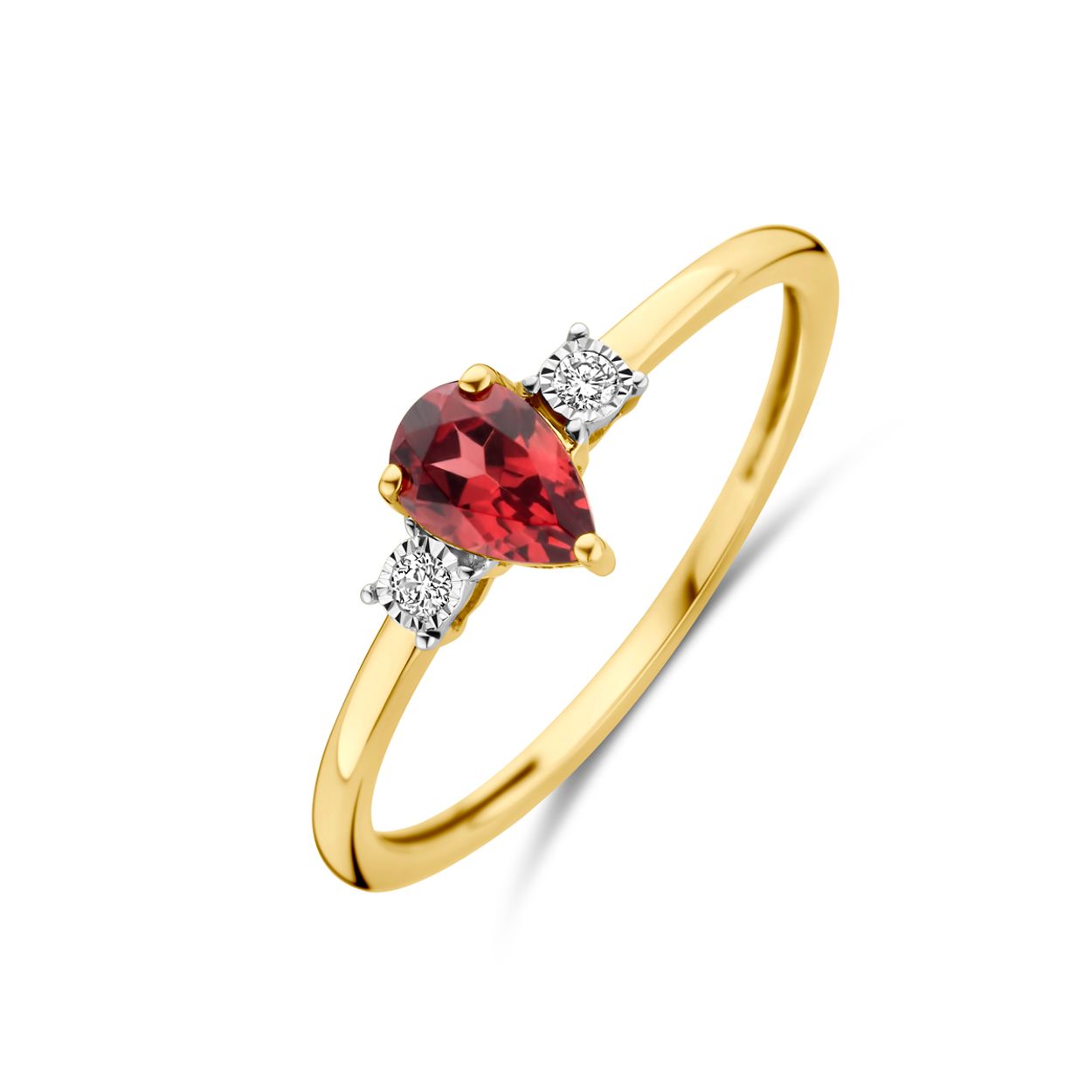 14k Geelgouden ring uitgevoerd met granaat en diamant. De ring heeft een afmeting van 6x4mm. De totale diamantgewicht is 0.03ct.
