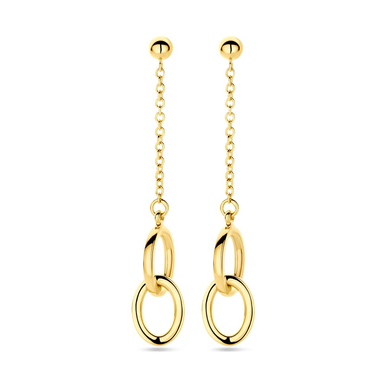 14k Geelgouden oorhangers uitgevoerd met ovaaltjes. De oorhangers hebben een totale hoogte van 50mm.