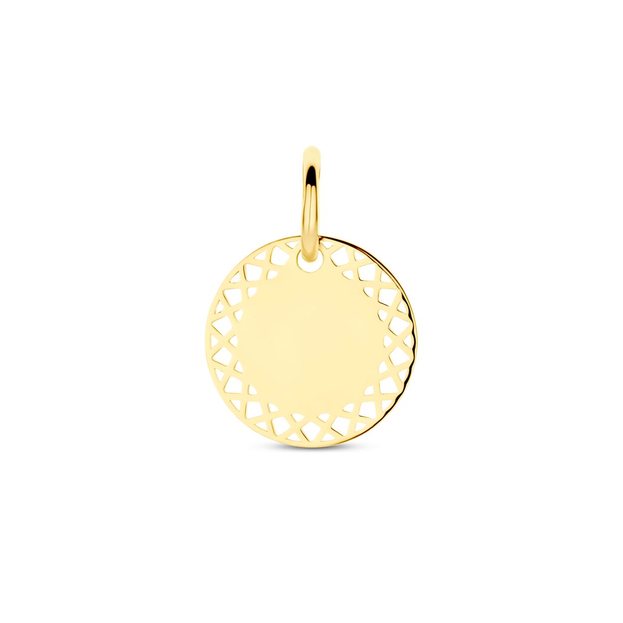 14k Geelgouden graveerhanger met een diameter van 16mm en een dikte van 0.6mm.