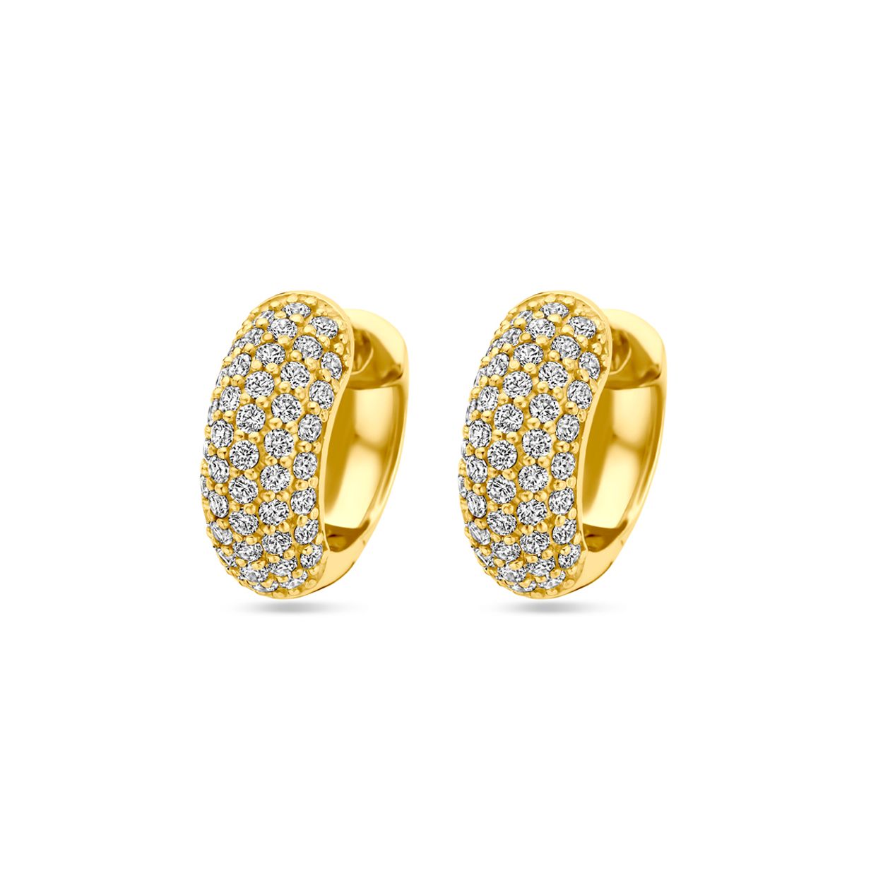 Geelgoud op 925 zilveren klapoorringen uitgevoerd met zirkonia. De klapoorringen hebben een afmeting van 16.5x6mm. Geen garantie op de plating.